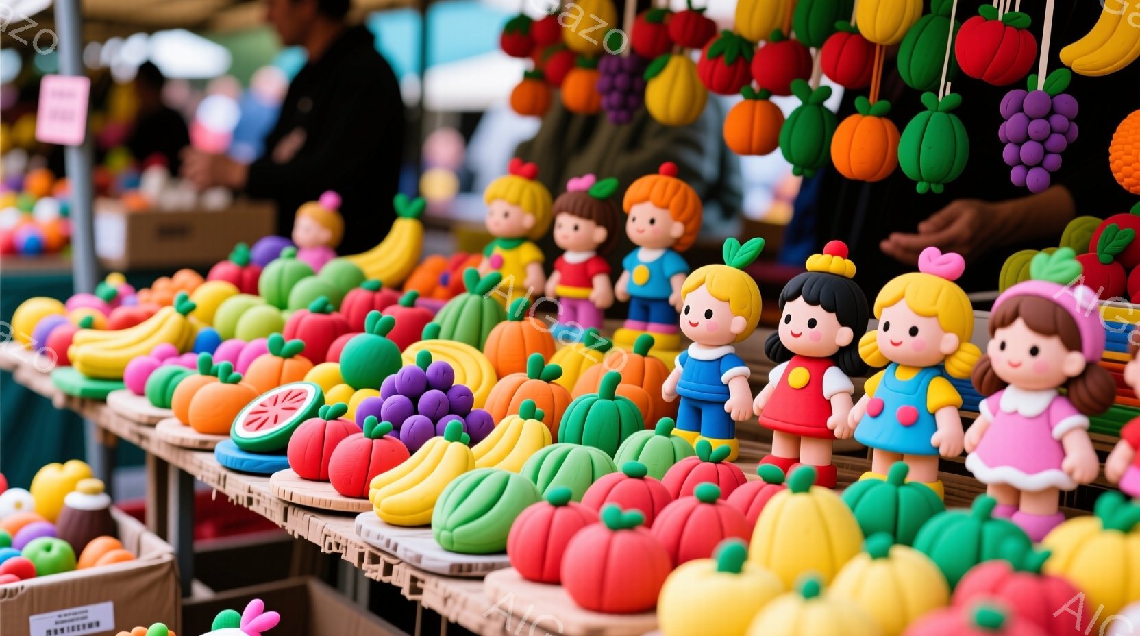様々なフルーツの形をしたおもちゃやアクセサリーが、ずらりと並べられています。可愛らしい人形たちは、それぞれ異なる色の服を着ており、明るい表情をしています。背景には、市場の一部らしきぼやけた光景が見え、 - AI生成フリー素材