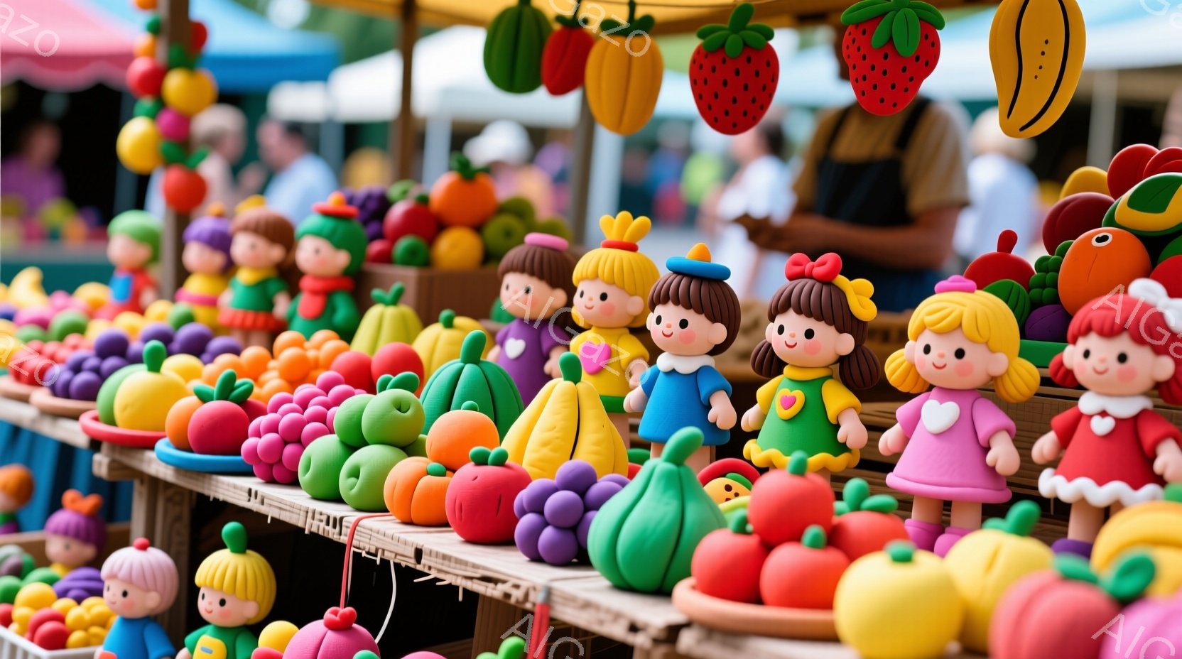 カラフルな粘土で作られた果物と人形が並んでいます。人形たちはそれぞれ異なる色の服を着ており、髪型も少しずつ異なっています。背景には、市場の屋根とぼやけた人々の姿が見え、全体的に明るく楽しい雰囲気が漂っています。