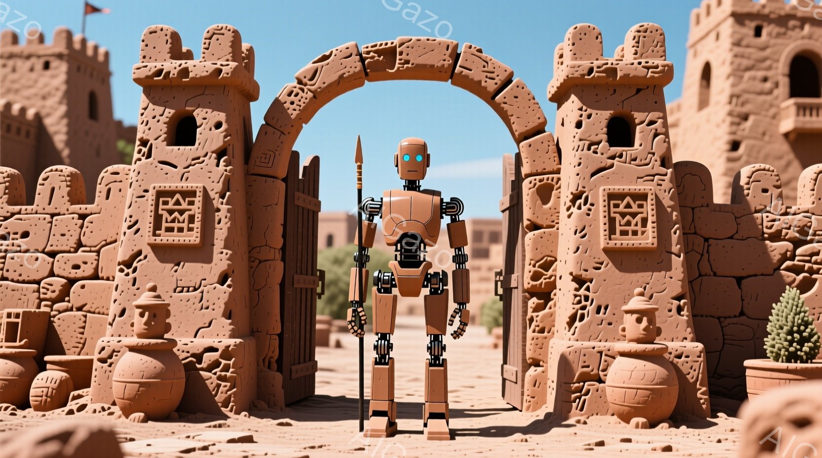 砂漠の中に、土のような色をした建造物が並び、その中央にロボットが立っている。ロボットは金属製の体をしており、青い目で前を見据えている。背景には、テクスチャのある土壁でできた城壁や壺が置かれ、全体的に乾燥した砂漠の雰囲気を感じさせる。
