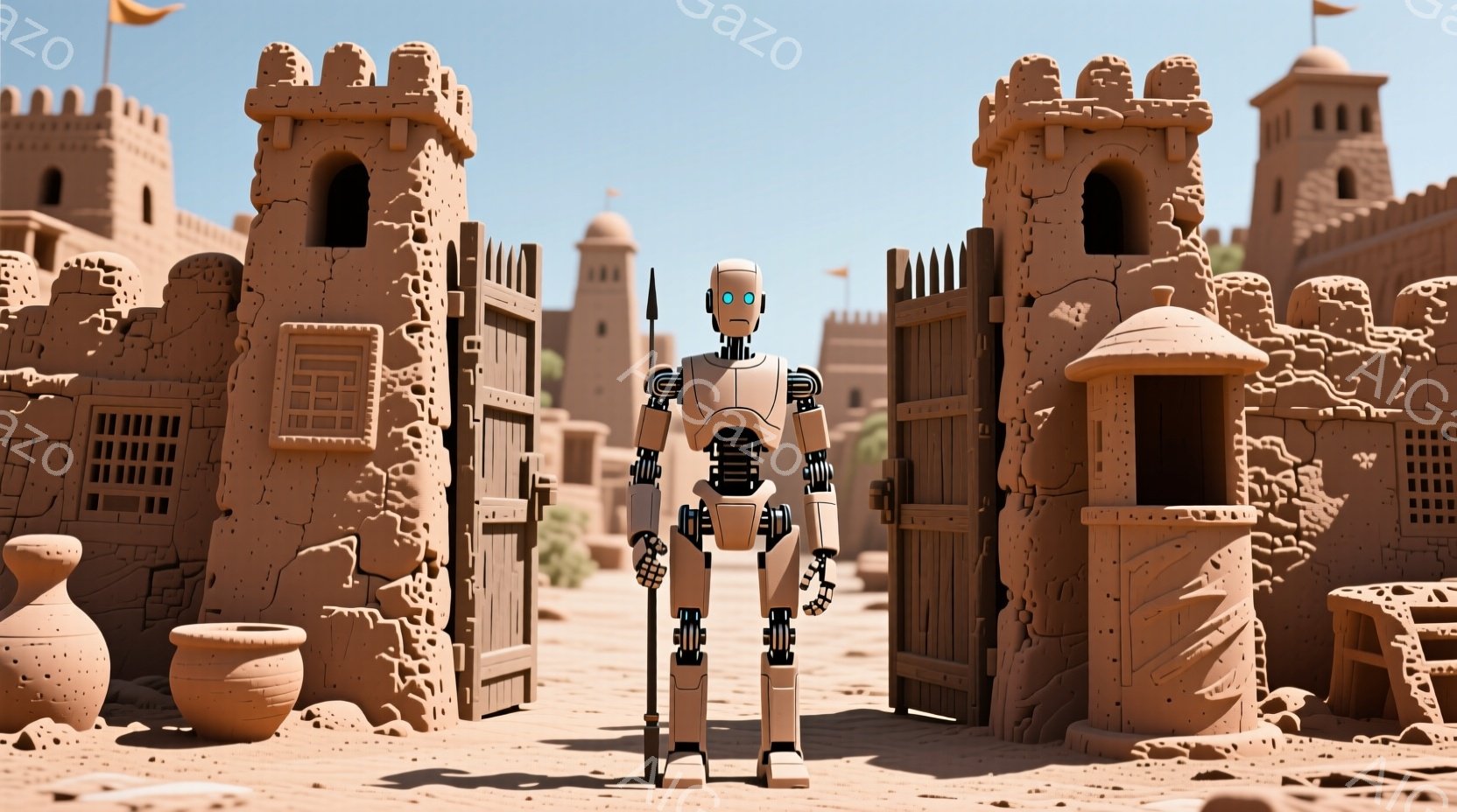 砂漠地帯に、独特なデザインのロボットが立っている。ロボットは白と黒の配色で、頭部が青く光っている。背景には、土壁でできた塔や建物が並び、まるで古代都市の入り口のようだ。