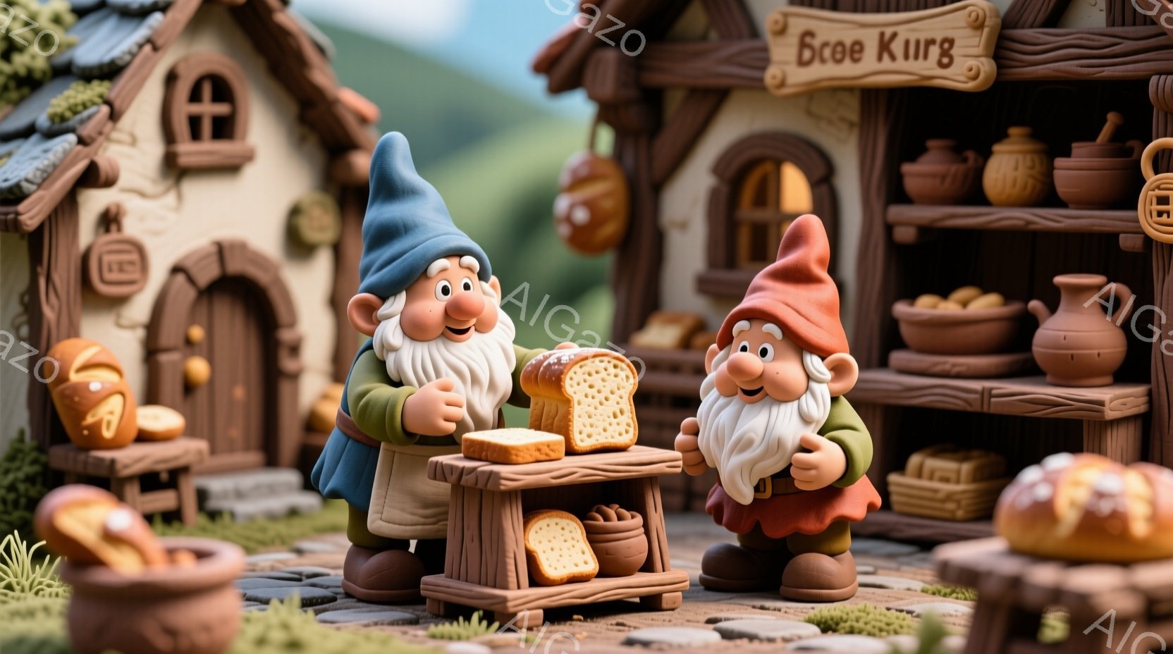 パン屋の前に立つ２人の小人たちを描いています。彼らはそれぞれ青と赤の帽子をかぶり、白いひげを蓄えており、笑顔でパンを見つめています。背景には、レンガ造りの建物、土製の壺、そして緑豊かな植物があり、温かく、素朴な雰囲気を醸し出しています。