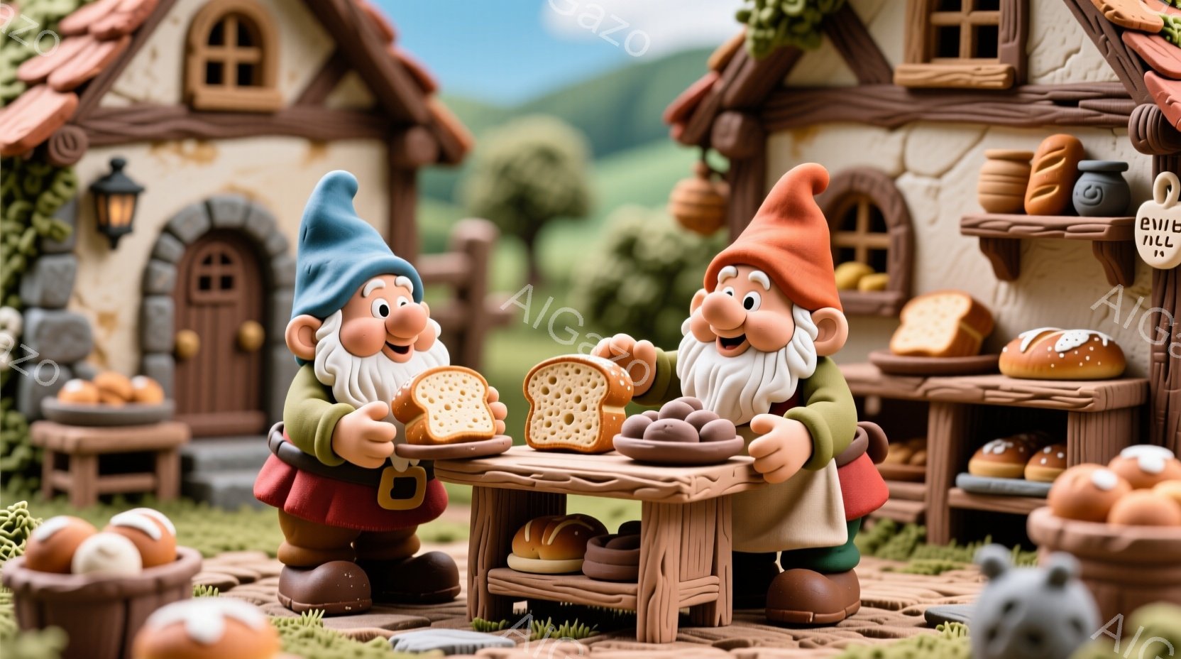 小さな妖精のような二人が、緑の草原のテーブルを挟んで対座しています。一人はパンを手に持ち、もう一人はお菓子の入ったお皿を前に、楽しそうな表情をしています。背景には可愛らしいコテージや緑豊かな自然が広がり、暖かい日差しの中で、まるで絵本の世界のような雰囲気が漂っています。