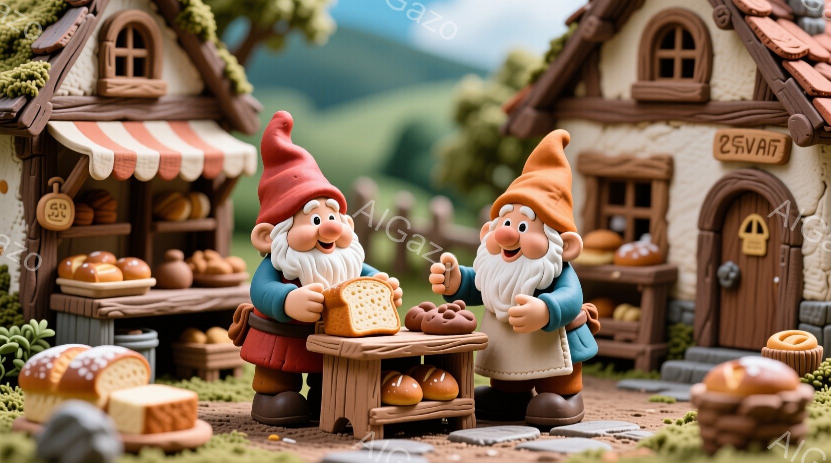 庭の妖精のような二人の男性が、木製のテーブルを挟んでパンを分け合っています。彼らは赤い帽子と青い服を着ており、長い白いひげと口角の上がった笑顔が特徴的です。背景には、レンガ造りの家々が並び、緑豊かな自 - AI生成フリー素材