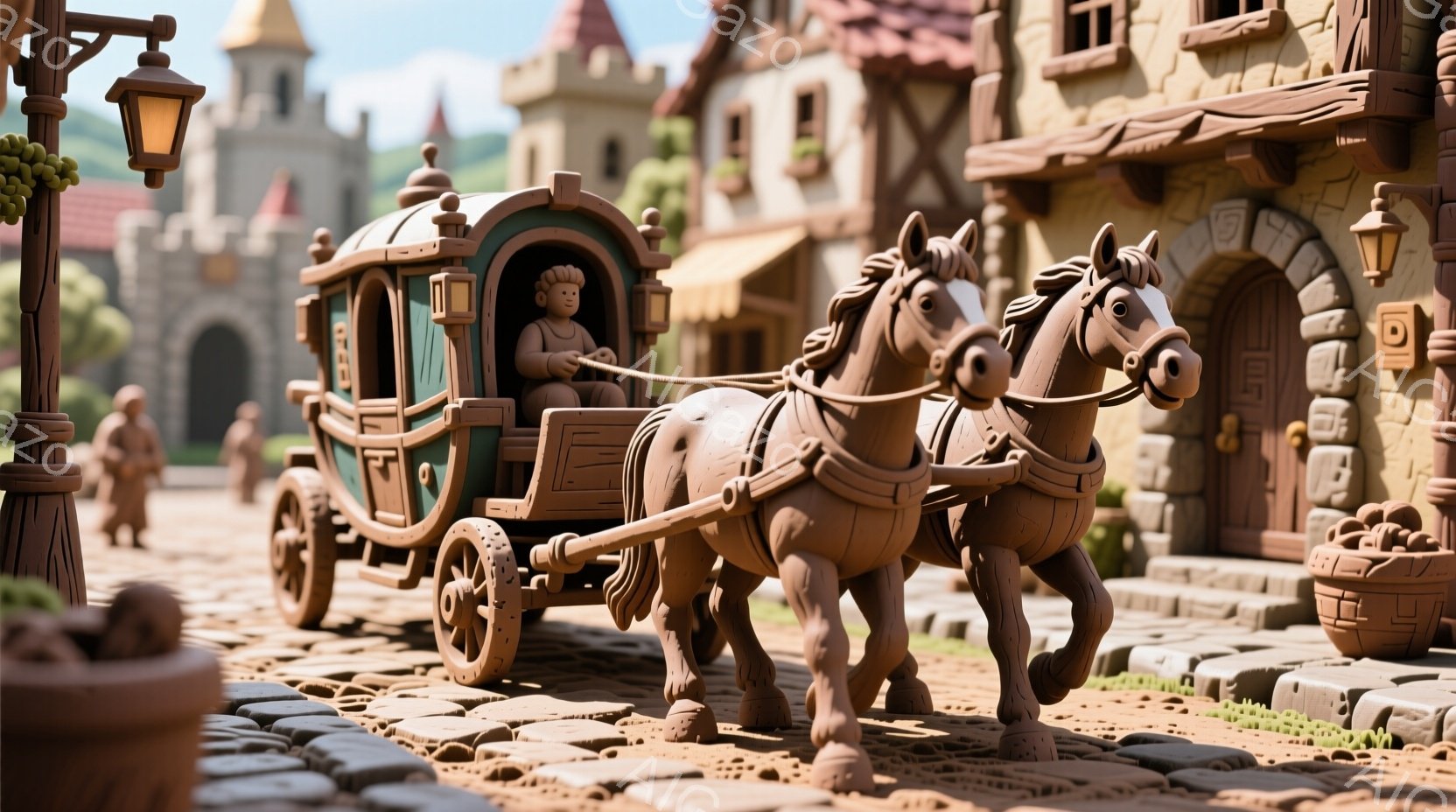 粘土のような質感の街並みの中に、馬車が描かれています。車夫は帽子をかぶり、やや前かがみの姿勢で馬を操り、表情は読み取りにくいです。背景には石造りの建物が並び、緑の草が生い茂り、全体的にファンタジー世界の温かく、素朴な雰囲気が漂っています。