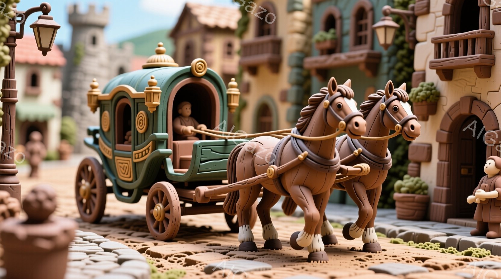 粘土で作られたような、温かみのある街並みが描かれています。馬車は緑色で、装飾が施され、二頭の茶色の馬に引かれています。背景には、かわいらしい建物が並び、日差しが柔らかく差し込み、おとぎ話のような平和な雰囲気を醸し出しています。