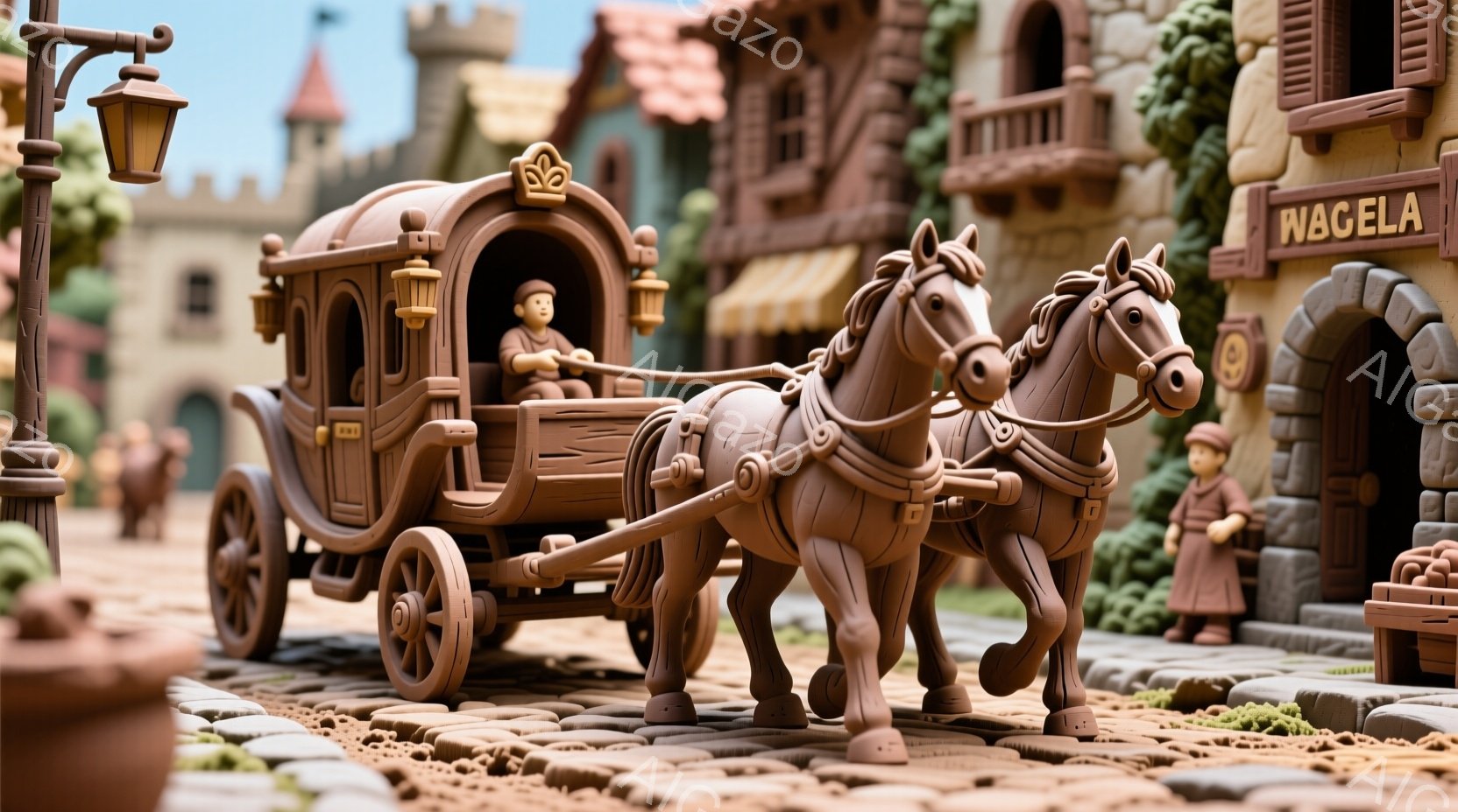 陶器のような質感で表現された馬車と、それに引かれる2頭の馬が描かれています。馬車の中には帽子を被った人物が座っており、建物が立ち並ぶ石畳の道を進んでいます。背景には、レンガ造りの建物や緑の植生が見え、どこか懐かしい、物語のような雰囲気を醸し出しています。