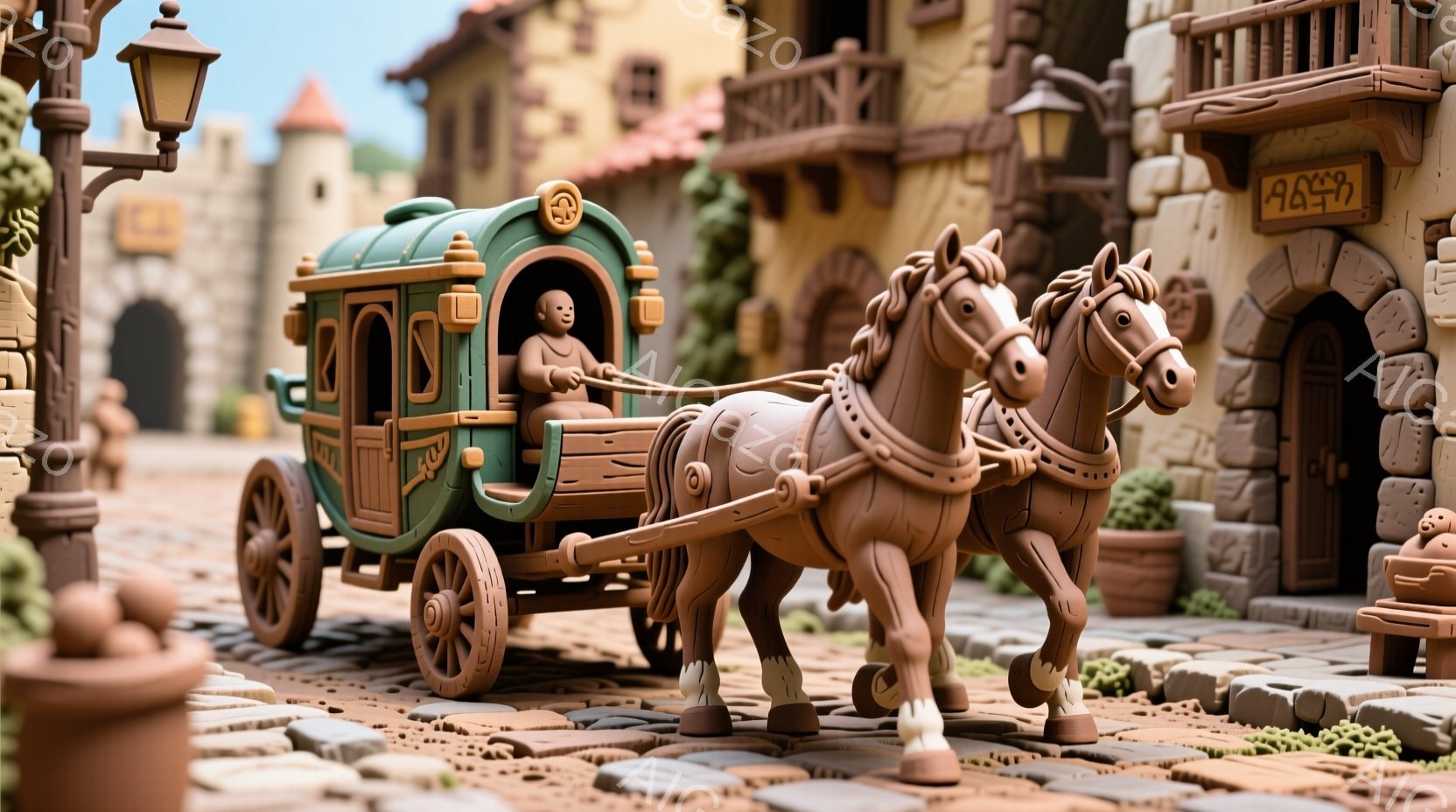 粘土で作られたようなミニチュアの街並みで、馬車が描かれている。馬車の中には小さな人物が座っており、前方を向いているが、表情ははっきりしない。背景には石造りの建物が並び、レンガ造りの道路と緑豊かな植物が、穏やかで暖かい雰囲気を醸し出している。