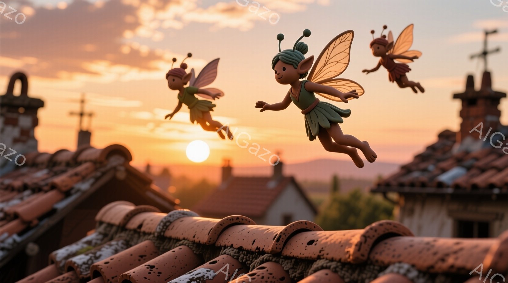 屋根の上を数匹の妖精が楽しそうに飛び回っている様子が描かれている。緑色の葉っぱの衣装を身に着け、茶色の髪に花飾りをつけた妖精たちは、軽やかなポーズで空を舞っている。背景には夕焼け空が広がり、オレンジと赤のグラデーションが暖かく、穏やかな雰囲気を醸し出している。
