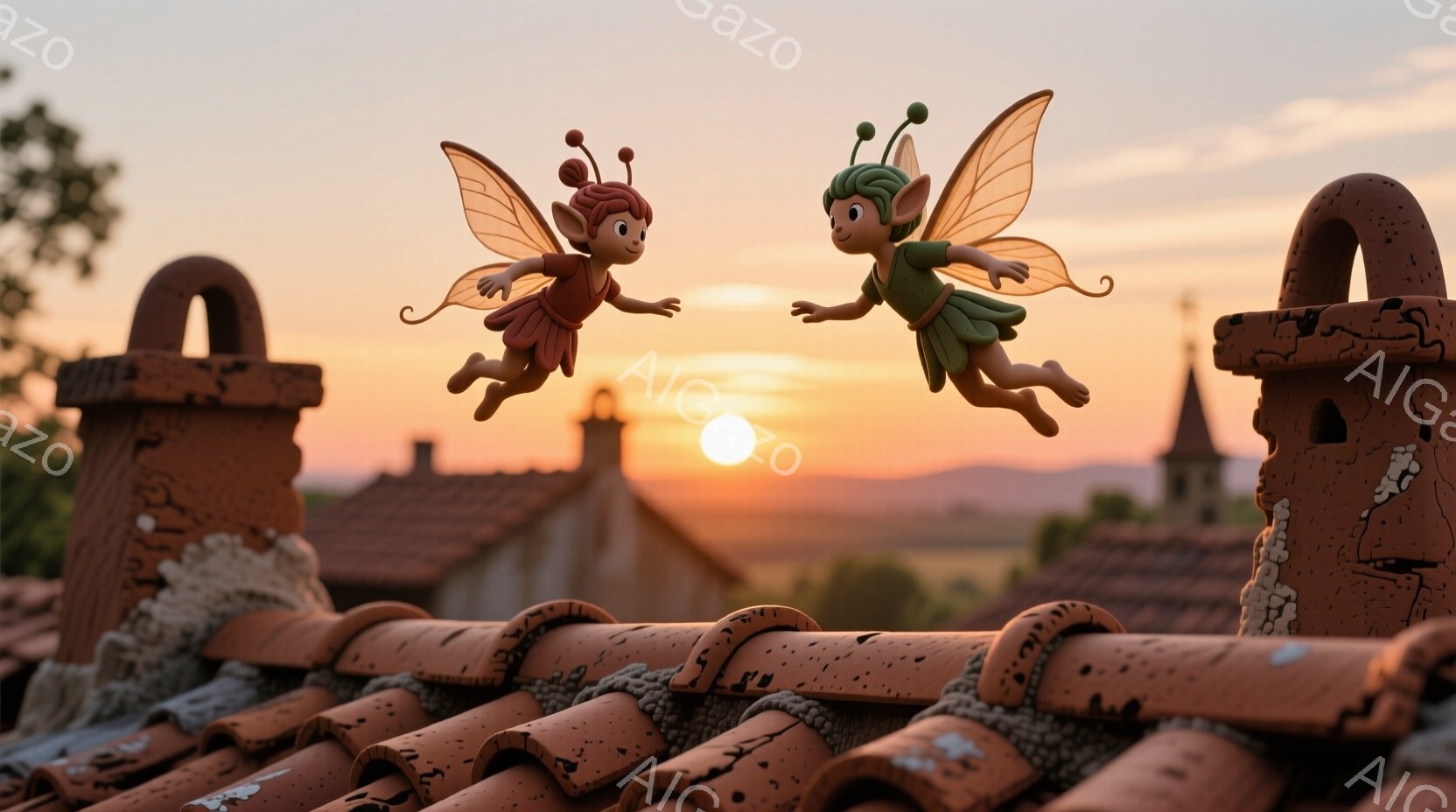 「ティンカー・ベル」と「ピクセル」という2人のフェアリーが夕日の下で飛んでいるシチュエーションです。彼らは背中合わせに飛び、互いに顔をつなぐように手を組みました。彼らはとても明るく、その表情は幸せそして友好的です。背景は温かい黄色の空に日没が見える山と建物を照らしています。屋根は紅色であり、美しい夕日が地平線に近づくことで滑らかな輪郭を作り出しています。全体の雰囲気は穏やかで、友情の素晴らしさを表現しているように見えます。