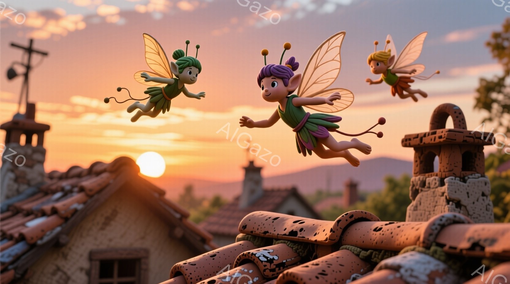 屋根の上を、カラフルな衣装を身につけた妖精たちが飛び回っている。それぞれの妖精は緑色のドレスと、紫色の髪型で、楽しそうな表情をしている。背景には、夕焼けに照らされた屋根と、遠くの山々が広がっており、暖 - AI生成フリー素材