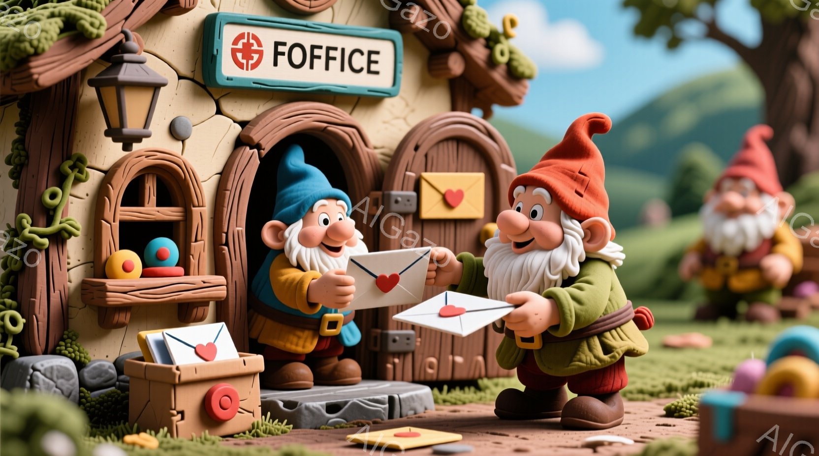 小さな可愛らしい家で、緑色の服と赤い帽子をかぶった妖精のような男が、別の妖精に赤いハートの付いた手紙を渡しています。背景には、様々な色の帽子をかぶった小さな妖精たちがおり、緑豊かな芝生と木々が広がっています。全体的に、暖かく、幸せで、おとぎ話のような雰囲気が漂っています。