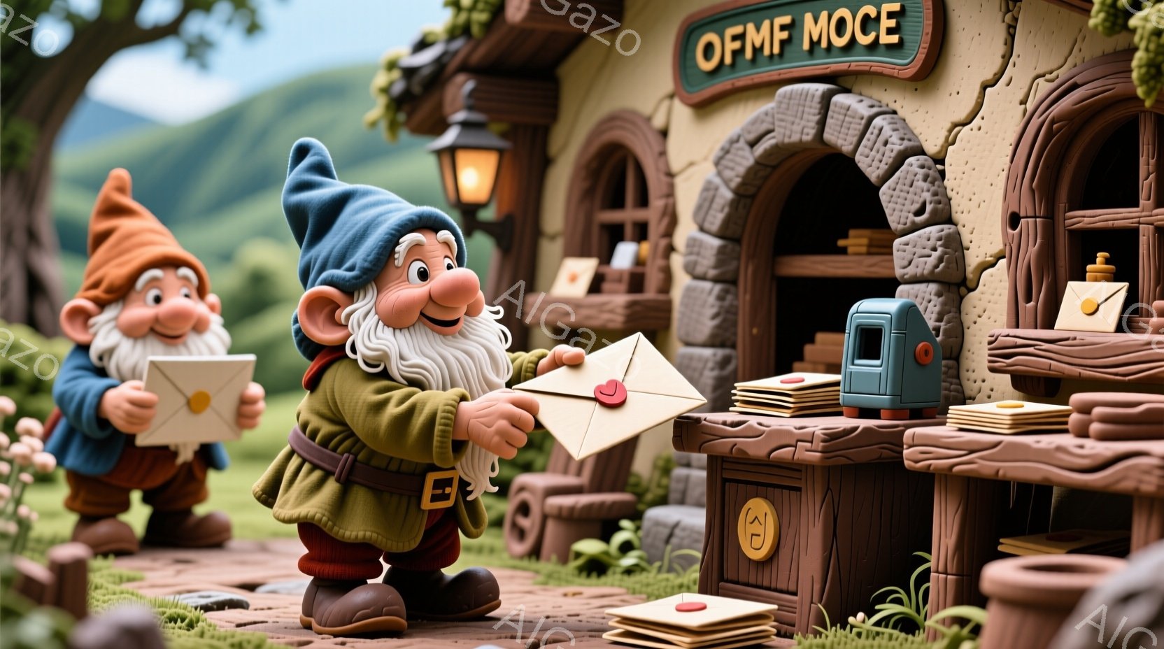 緑色の服を着た二人の小人が郵便局のような場所で手紙をやり取りしている様子が描かれています。片方の小人は赤色の帽子と緑色の服を着ており、もう片方は青色の帽子と緑色の服を着ており、どちらも笑顔で手紙を渡したり受け取ったりしています。背景には石造りの建物があり、周囲には緑豊かな自然が広がっており、暖かく平和な雰囲気が漂っています。