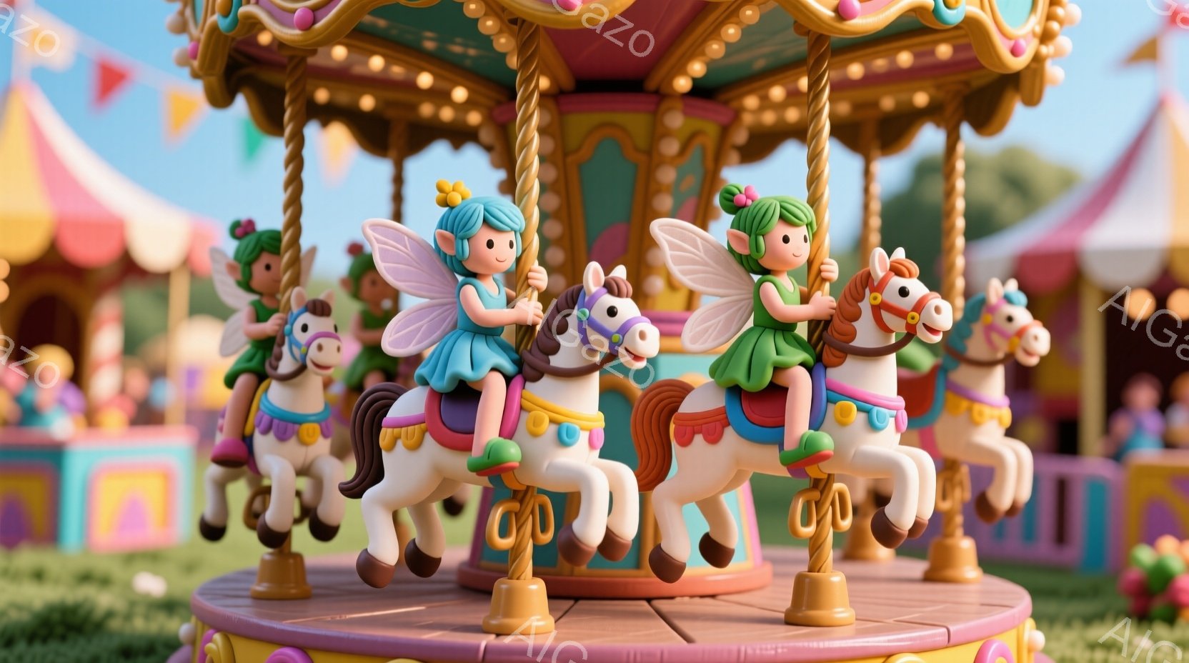 明るい遊園地のメリーゴーランドが写っており、小さな妖精のような女の子たちが白い馬に乗っています。彼女たちは薄緑色のドレスと、羽のような飾りを身につけ、笑顔で楽しんでいる様子が伺えます。背景にはカラフルなテントや緑の芝生が見え、晴れた日の楽しい雰囲気を醸し出しています。