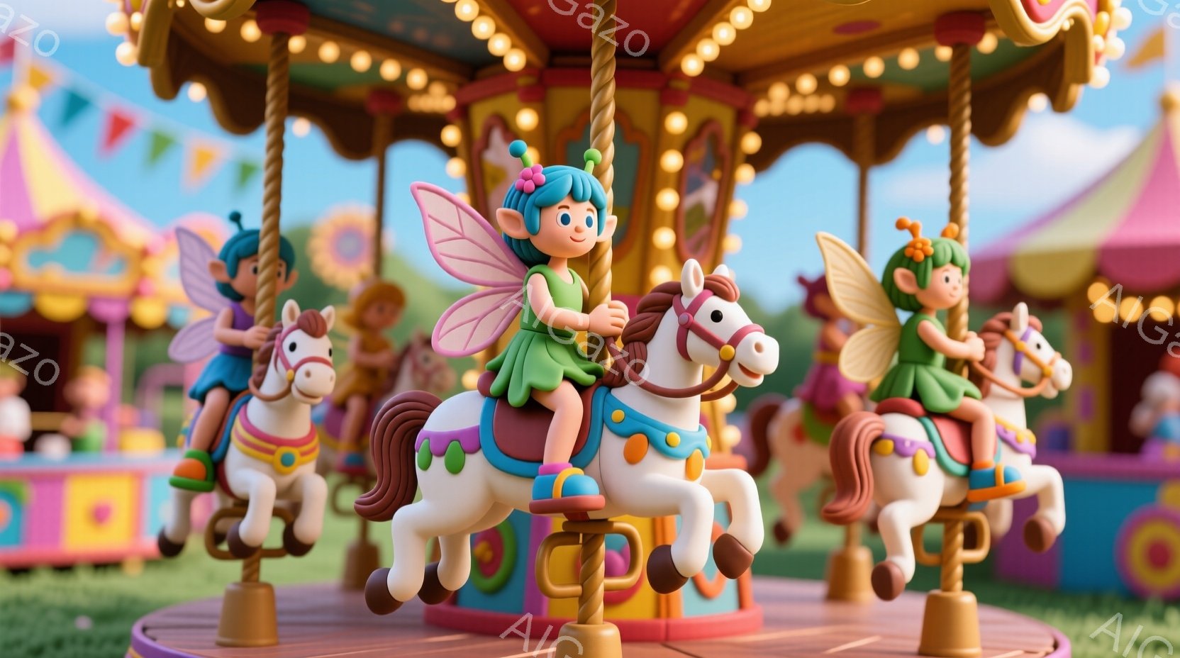 明るい遊園地のメリーゴーランドで、３人の女の子が白い馬に乗っています。女の子たちはそれぞれ異なる色の服を着ており、羽と巻き毛の髪で、楽しそうな表情をしています。背景には、色とりどりの建物や緑の芝生が見え、晴れた日の賑やかな雰囲気が伝わってきます。