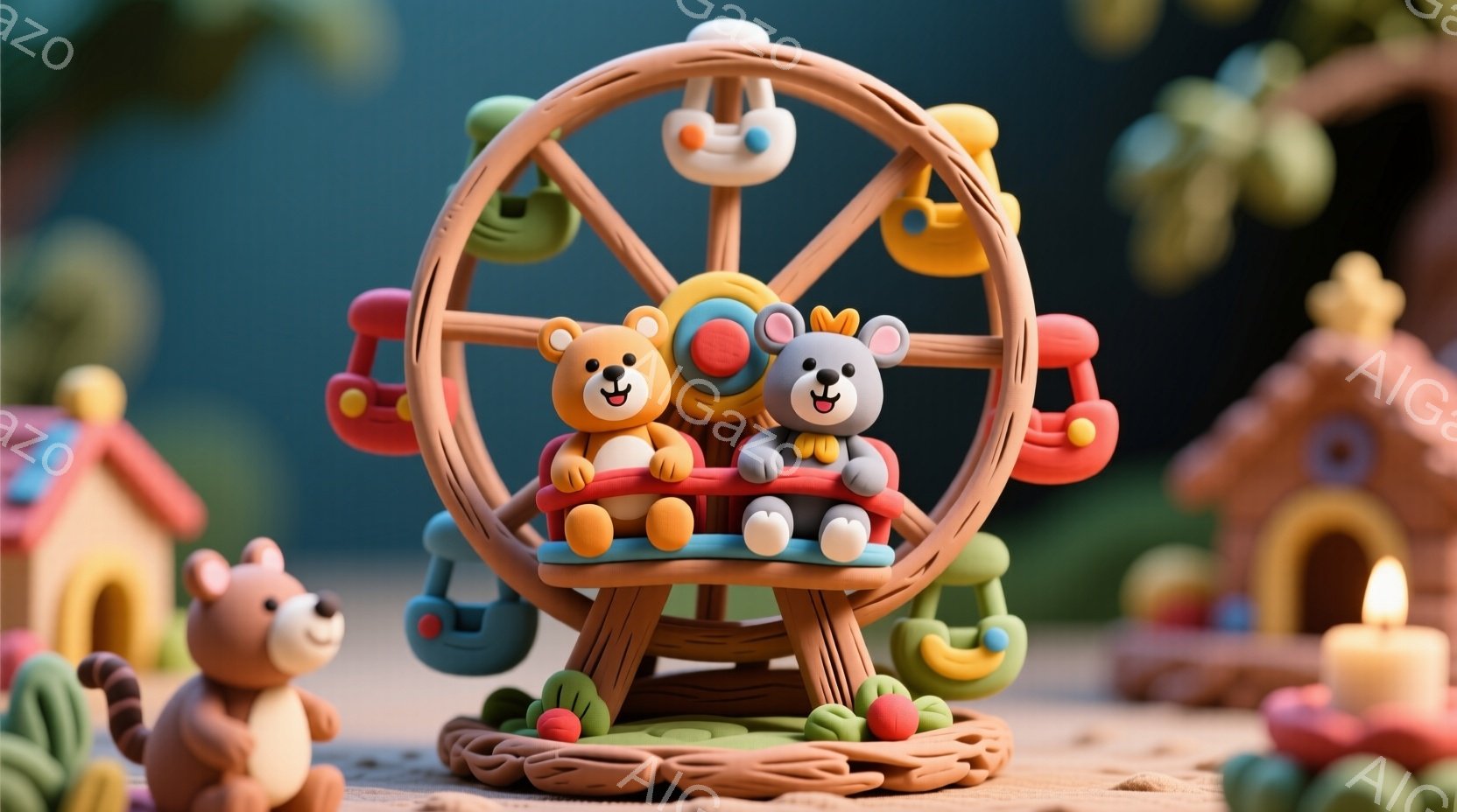 鮮やかな色彩の遊園地を模した可愛らしいジオラマです。茶色と白のクマのぬいぐるみが、オレンジ、青、黄色のゴンドラに乗った観覧車を楽しんでいます。背景には、キノコのような形をした家々や、緑の植物、そして暖かく光るキャンドルが配置され、おとぎ話のような幻想的な雰囲気を醸し出しています。