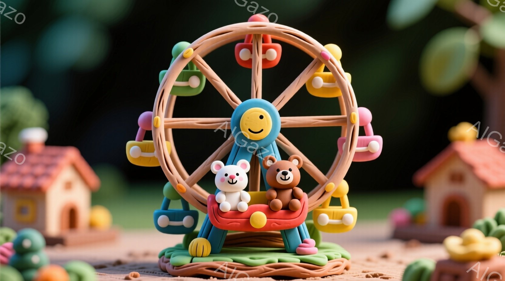 鮮やかな色の遊園地のような世界が広がっています。クリーム色のクマと白いウサギが、カラフルな観覧車のゴンドラに乗っており、楽しそうな表情をしています。背景には、可愛らしい家々や緑豊かな自然が広がり、明るく幸せな雰囲気を醸し出しています。