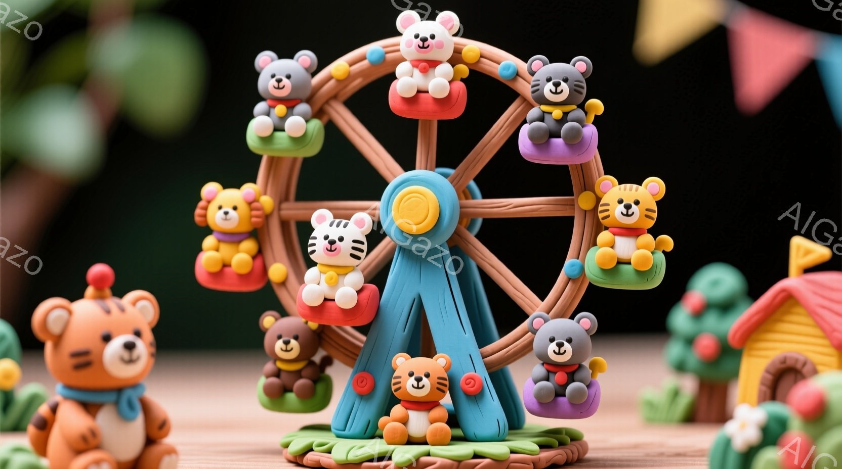 カラフルな遊園地のミニチュアの様子を捉えています。様々な動物を模した小さな人形たちが、回転木馬のような乗り物に乗っており、皆笑顔で楽しんでいるようです。背景には、可愛らしい家や緑の木々が見え、全体的に明るく、夢のような雰囲気です。