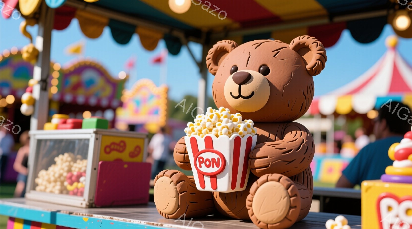 鮮やかな遊園地の屋台を背景に、大きなテディベアがポップコーンの入ったバケツを抱えています。テディベアは茶色でふっくらとしており、愛らしい表情をしています。背景には、カラフルな遊園地の乗り物や人々が見え、晴れた日の賑やかな雰囲気が漂っています。