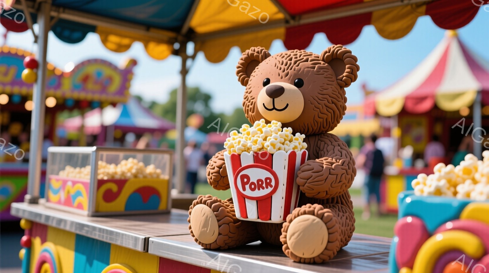 ぬいぐるみのかわいいクマが、ポップコーンの入った赤いバケツを抱えています。背景には、カラフルなストライプの屋台や、他の観客がいる遊園地が見えます。晴天で明るい日差しが差し込み、全体的に楽しい雰囲気が漂っています。