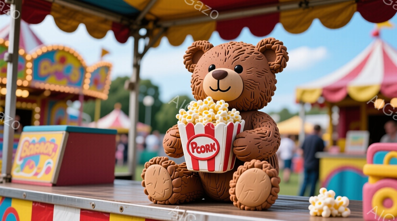 茶色いテディベアが、赤いストライプのポップコーンの容器を両手で抱えています。背景には、カラフルな屋台やサーカスのテントが見え、明るい日差しが差し込んでいます。全体的に、お祭りや遊園地の楽しい雰囲気が漂っています。
