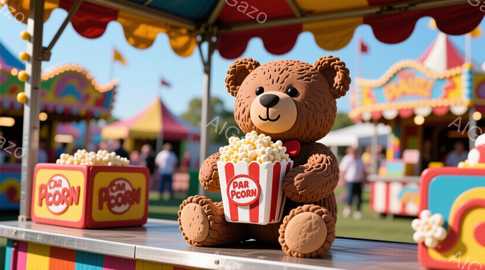 明るい遊園地のテーブルの上に、大きなテディベアが座っています。テディベアはポップコーンの入った赤い容器を抱え、周りには同じ容器から溢れたポップコーンが散らばっています。背景には遊園地の建物や人々が見え、晴れた空の下、賑やかな雰囲気が漂っています。