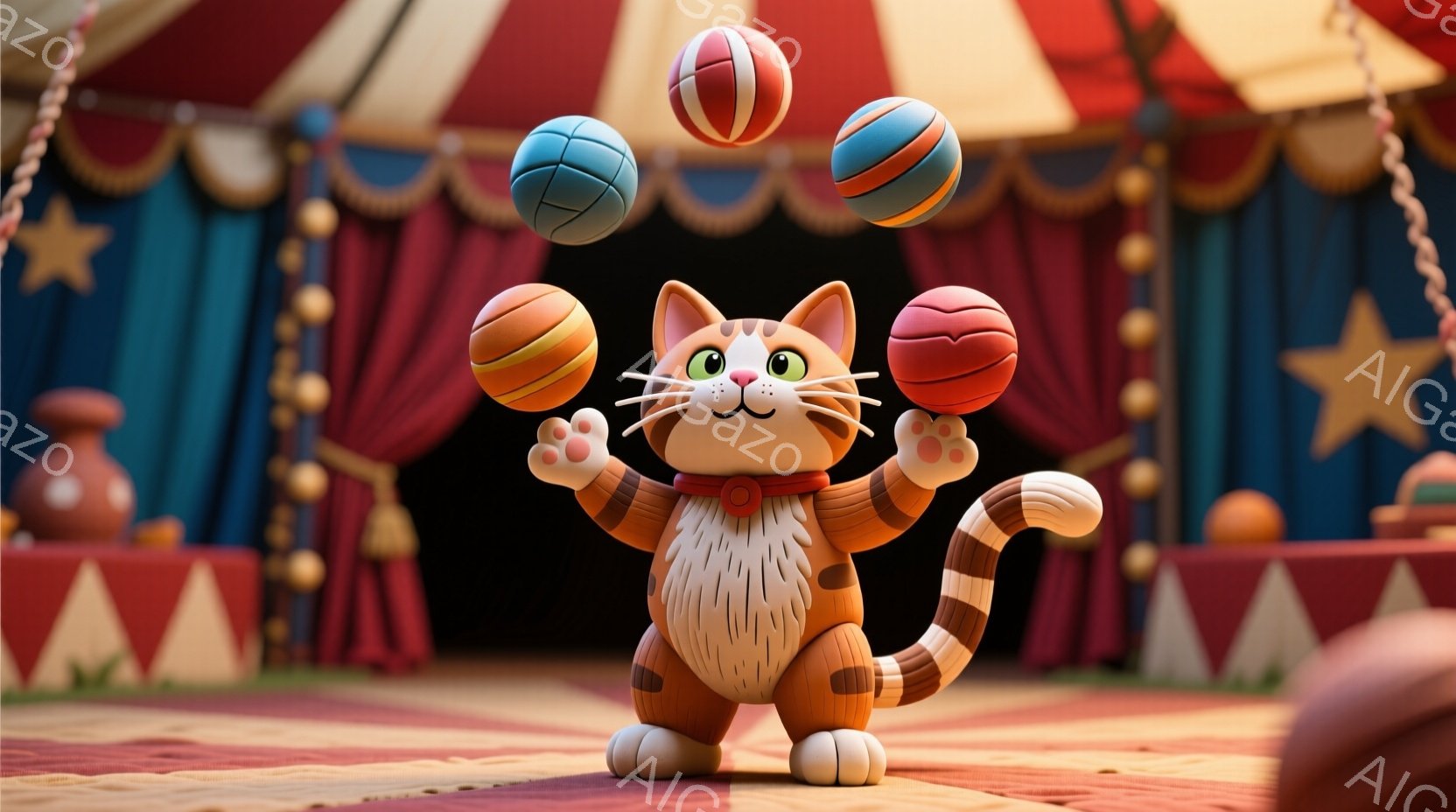 「トーマスとフレンド」というキャラクターを描いたものです。主人公のトーマスが、手のひらにバスケットボールを3つ積み重ねて持っています。彼は見事なバランスを保ちながら、舞台の前でバスケットボールを投げることができるように跳ねています。 背景には、カーニバルの雰囲気があり、色鮮やかな幕屋と照明台が見えます。このスタイルは典型的なアニメーション映画のようです。