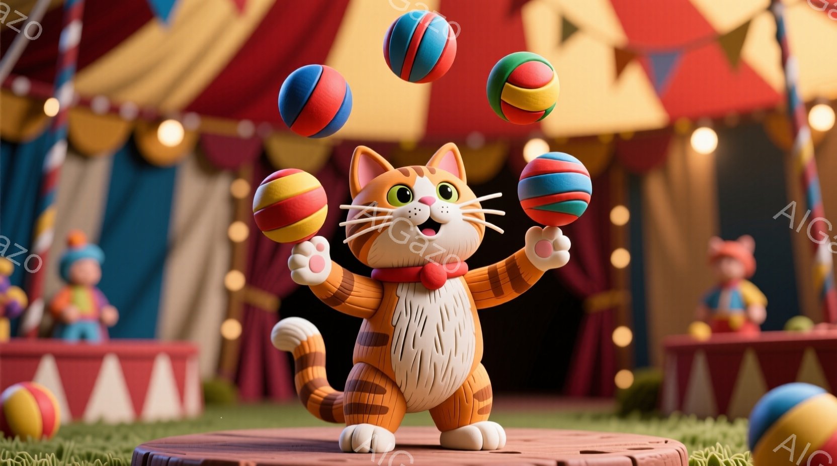 明るいサーカスの舞台で、オレンジと白の縞模様の猫が、色とりどりのボールを巧みに操っています。猫は赤い蝶ネクタイをつけ、笑顔で立っており、生き生きとしたパフォーマンスを披露しています。背景には、観客席ら - AI生成フリー素材