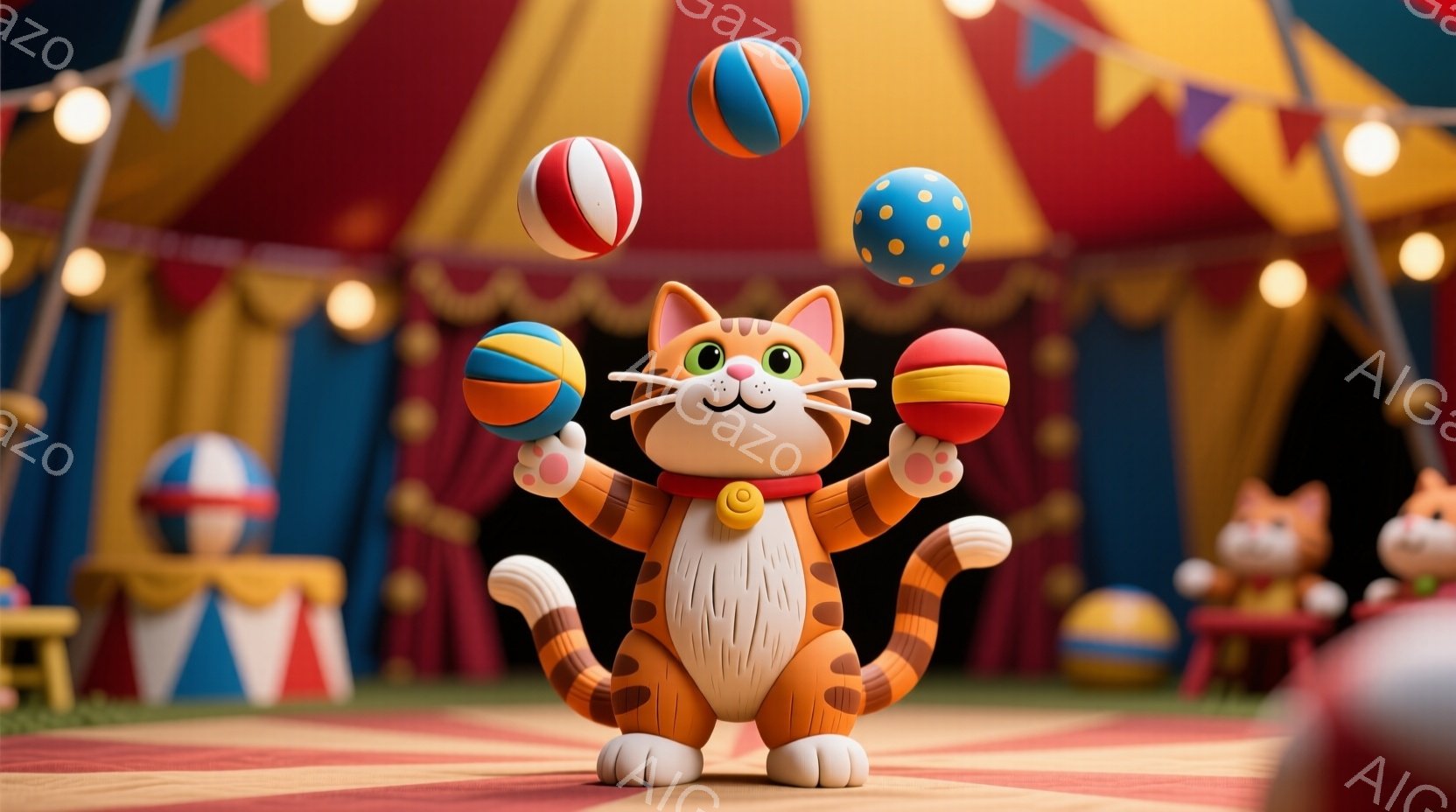 オレンジ色の縞模様の猫が、赤い、青い、黄色のボールを両手で高く投げ上げてジャグリングをしている様子が描かれています。背景には、サーカスのテントのような赤い布と、小さなテーブルと椅子が並んだ空間があり、遊び心あふれる雰囲気を醸し出しています。猫は笑顔で、楽しそうにパフォーマンスをしているように見えます。