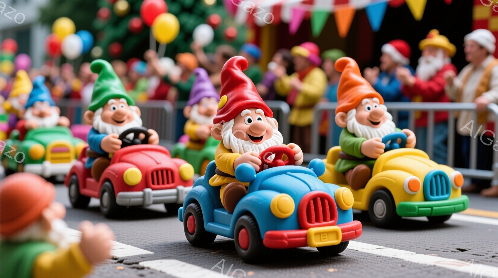 カラフルな車を運転する小人たちが描かれています。彼らはそれぞれ異なる色の帽子と服を着ており、顔には楽しそうな笑顔が浮かんでいます。背景には、お祝いの旗やバルーン、そして観客らしき人影が見え、全体的に陽気で楽しい雰囲気が漂っています。