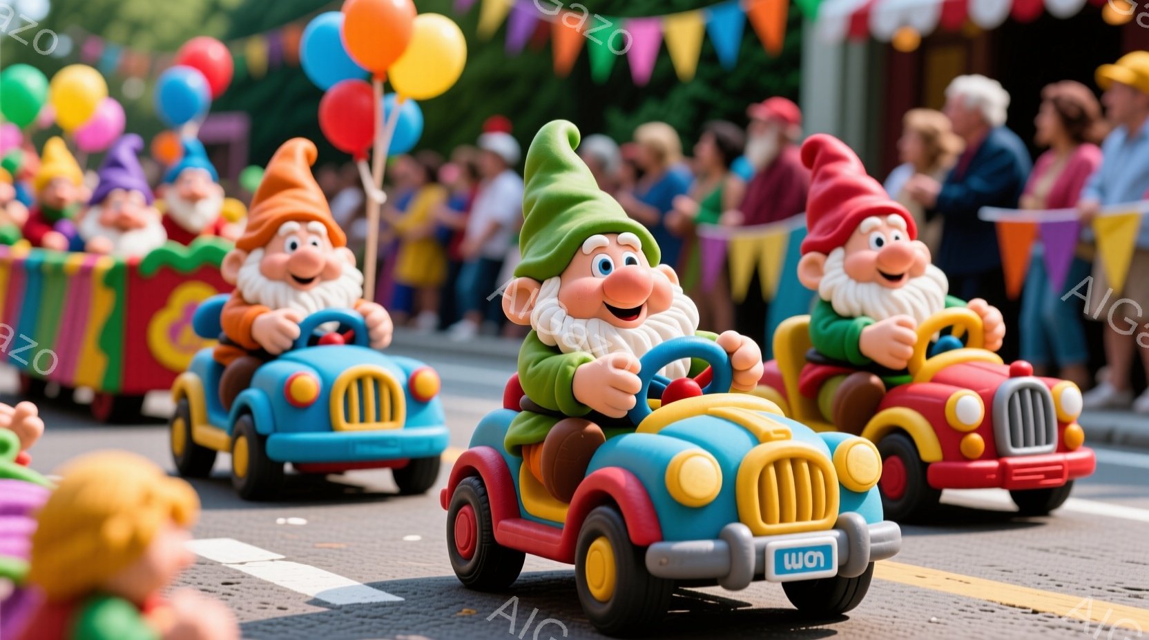 鮮やかな色の小さな車を運転する、愛らしい小人の姿が描かれています。彼らはそれぞれ異なる色の帽子と服を着ており、満面の笑みを浮かべて運転を楽しんでいます。背景には観客やカラフルな装飾がぼやけて見え、お祭りやパレードのような賑やかな雰囲気が感じられます。