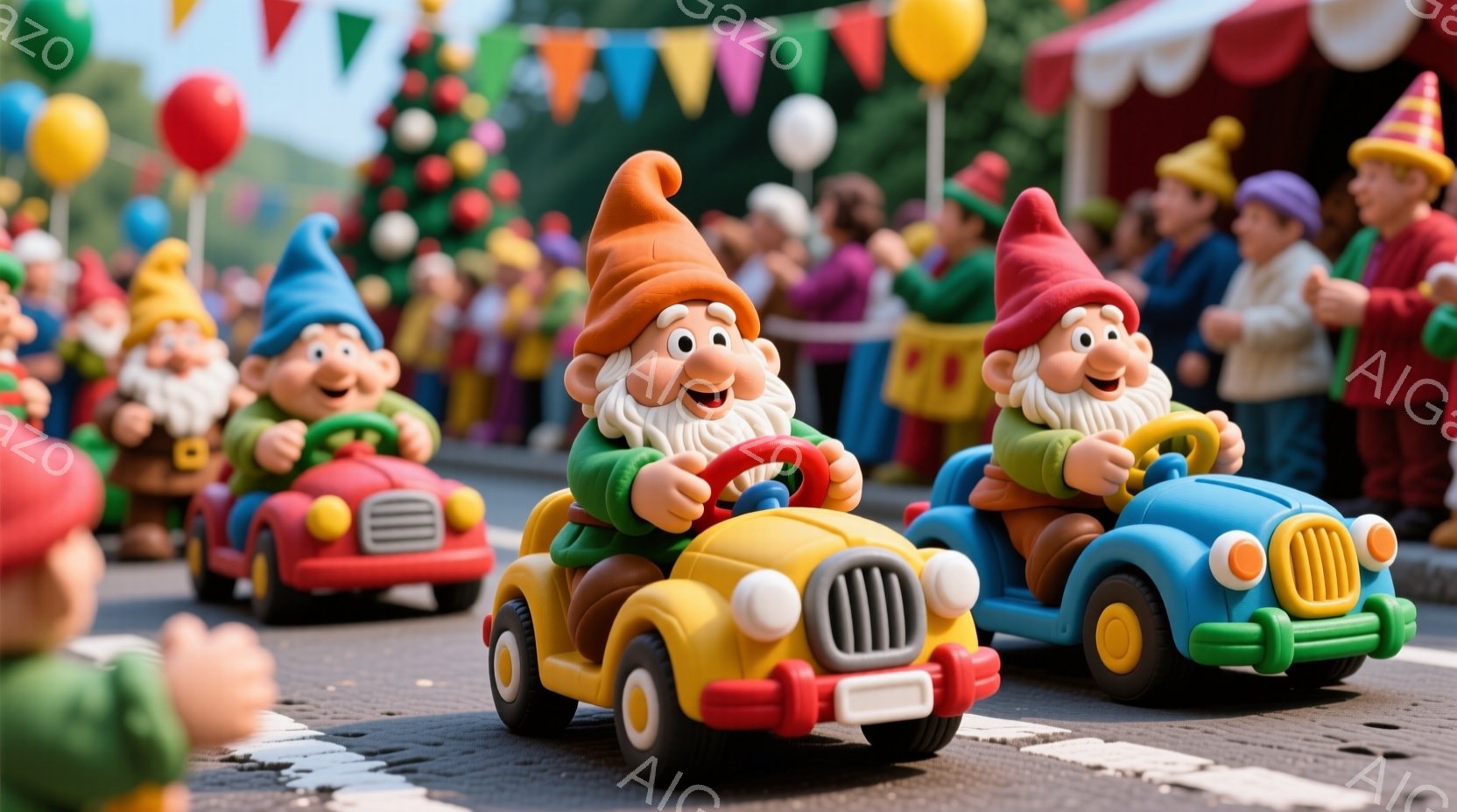 小さな妖精のような人々が、カラフルな小型車を運転して競争している様子が描かれています。彼らは皆、尖った帽子をかぶり、明るい色の服を着ており、顔には楽しそうな笑顔が浮かんでいます。背景には、お祭りやイベントを思わせる賑やかな装飾が施された建物や人々が見え、全体的に陽気で楽しい雰囲気が漂っています。