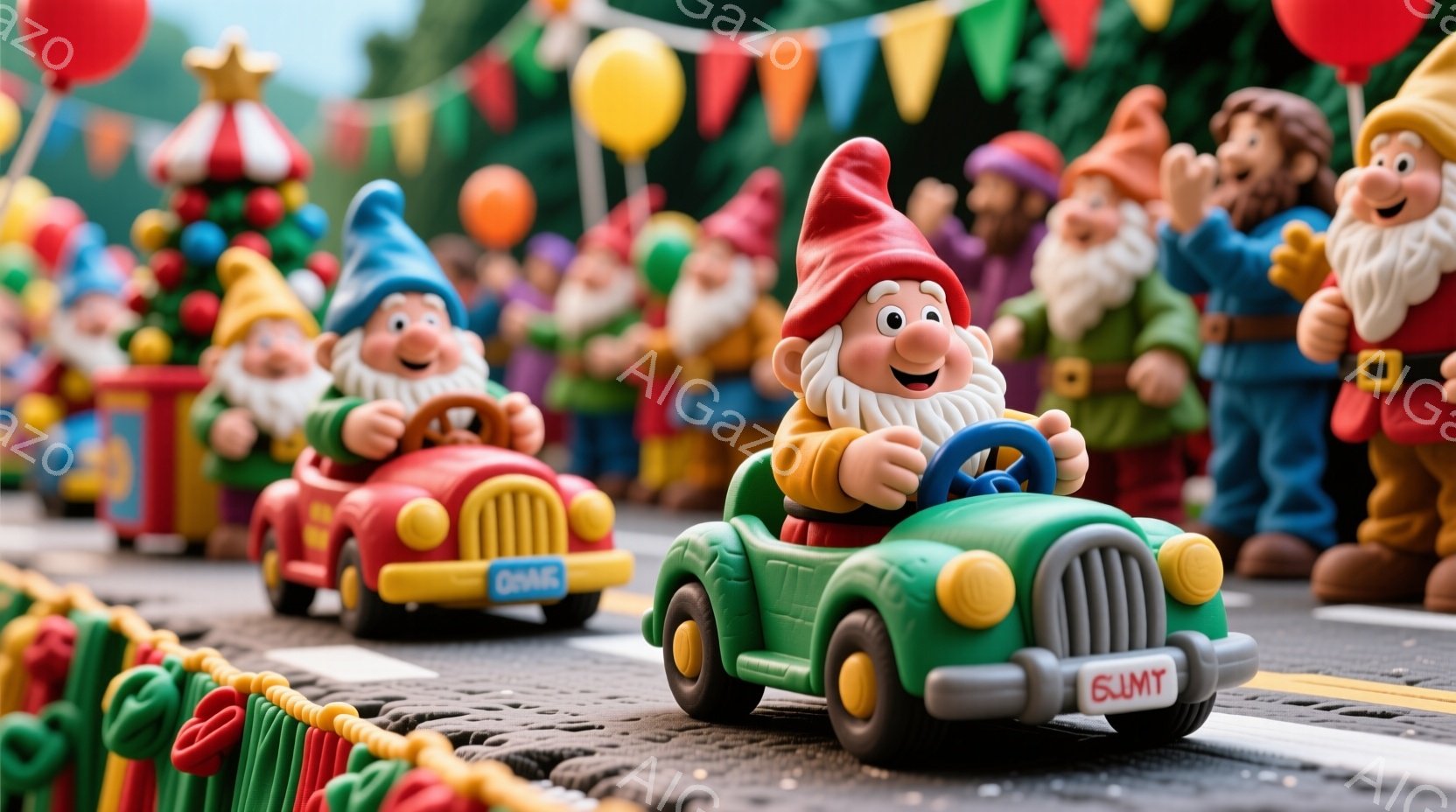 小さな妖精のような人々が、それぞれ異なる色の小さな車を運転しています。彼らは赤い帽子をかぶり、笑顔でハンドルを握っており、楽しそうにレースをしているようです。背景にはカラフルな旗や装飾が飾られており、お祭りや遊園地のような明るく陽気な雰囲気が漂っています。