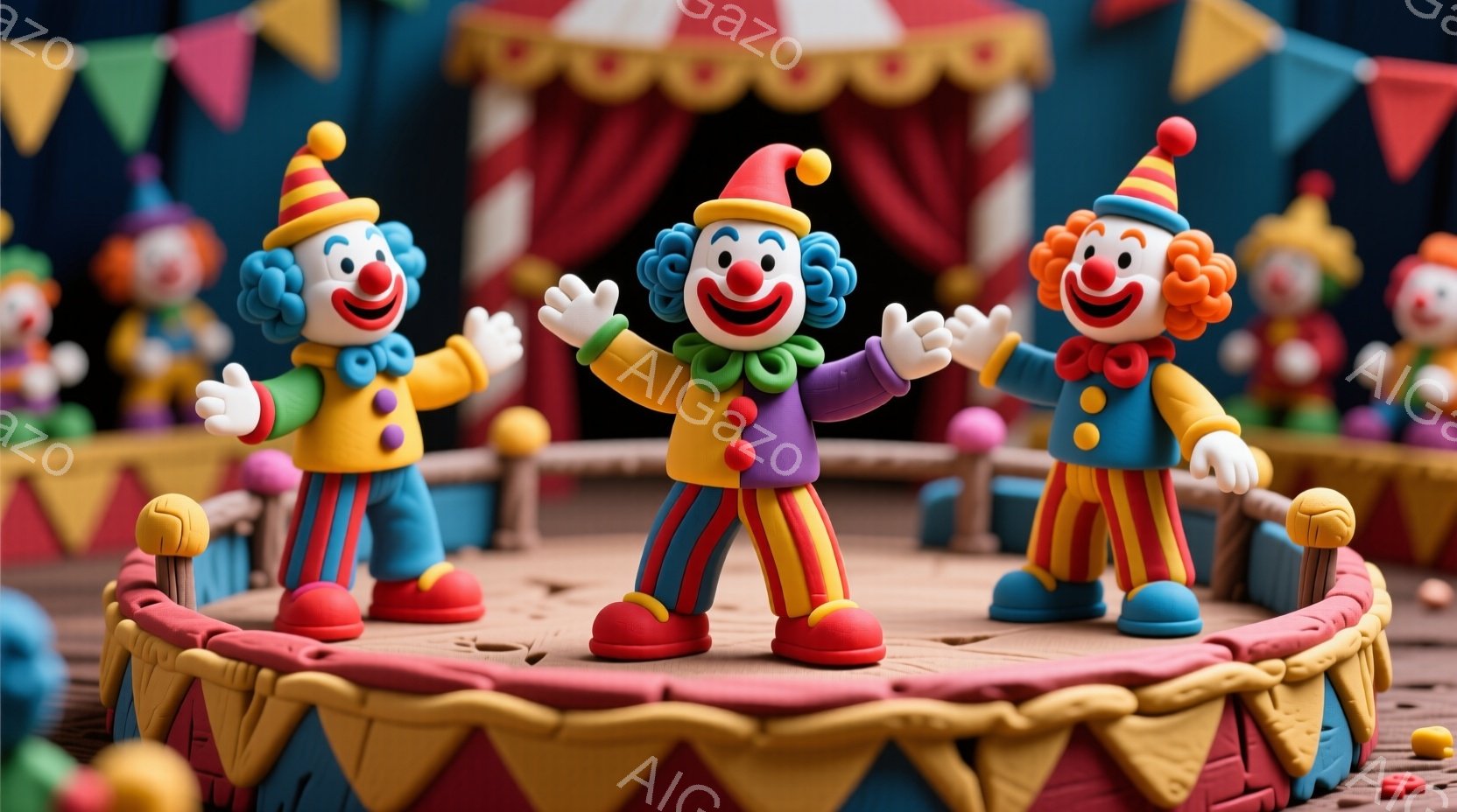 カーニバル風のデコレーションで、三人のクラウドキャットが中央に集まって拍手をしている。彼らは紛れた色のボール型の髪、大きなスマイリー、とんかつ姿勢で、背景にはサーカスのトンネルがあり、様々な照明が適用されている。