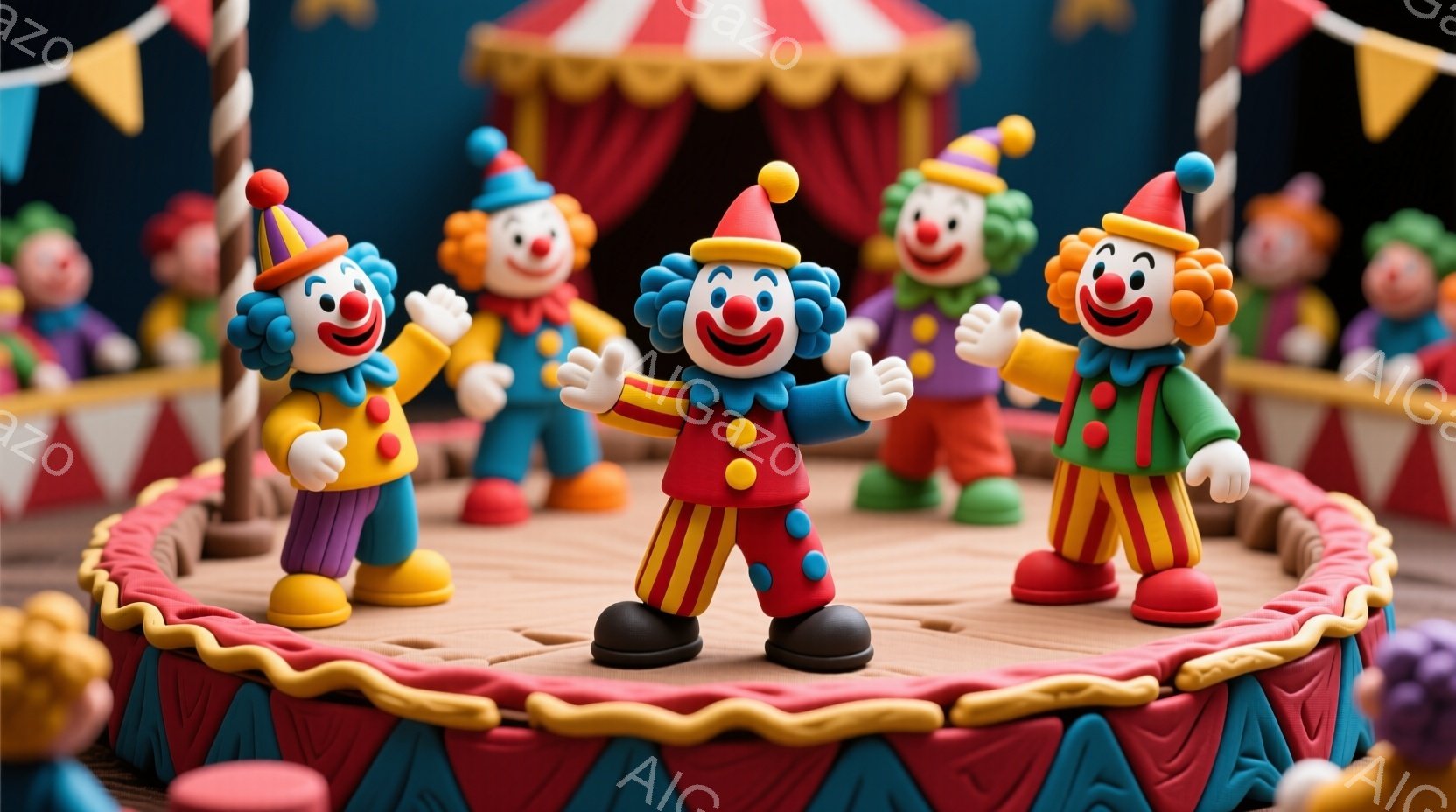 色とりどりのピエロたちが、小さなサーカスの舞台でポーズをとっています。それぞれ異なる色の衣装と、大きな赤い鼻、笑顔が特徴です。背景には赤いテントの屋根が見え、楽しげな雰囲気のサーカス会場を模したジオラマのようです。