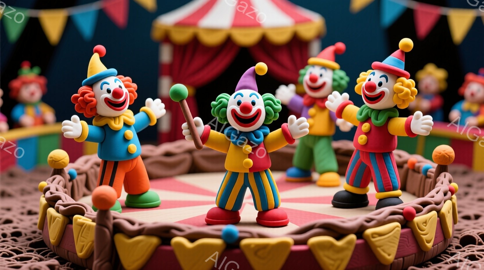 粘土で作られた３人のピエロが円形のステージ上で楽しそうにポーズをとっています。それぞれのピエロは、異なる色のカラフルな衣装と、渦巻き状の髪型、そして笑顔の表情をしています。背景には、他のピエロやサーカスのテントが見え、全体的に陽気で楽しい雰囲気が漂っています。