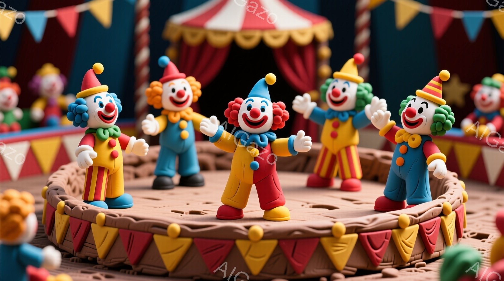 カラフルなピエロたちが、円形のステージ上で楽しそうにポーズをとっています。彼らはそれぞれ異なる色の衣装を着ており、赤い鼻と笑顔が特徴的です。背景には赤いテントのようなものがぼんやりと見え、明るく陽気な - AI生成フリー素材