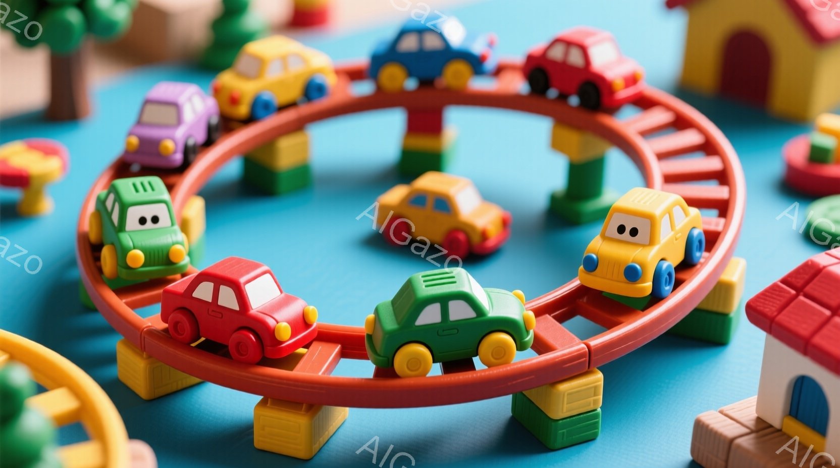 明るい水色の背景に、カラフルなプラスチック製の自動車が赤い軌道に乗って走っている様子が描かれています。軌道はカラフルなブロックで支えられており、鮮やかな緑色の小さな木々や、他のブロックで作られた建物が背景にぼんやりと見えます。全体的に子供らしい、遊び心満載で楽しい雰囲気です。