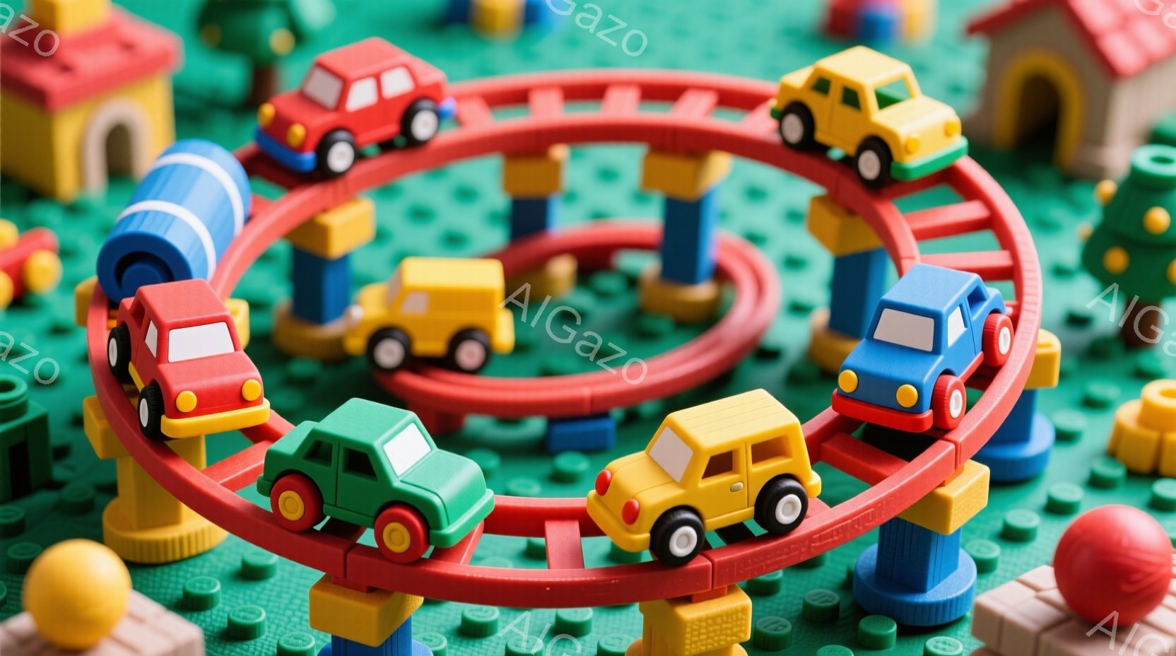 鮮やかな緑色の背景に、カラフルなプラスチック製の電車が円形の線路を走っています。赤、黄、緑、青の車両が順番に並び、線路はブロックで支えられています。全体的に明るく、子供らしいおもちゃの世界が表現されています。