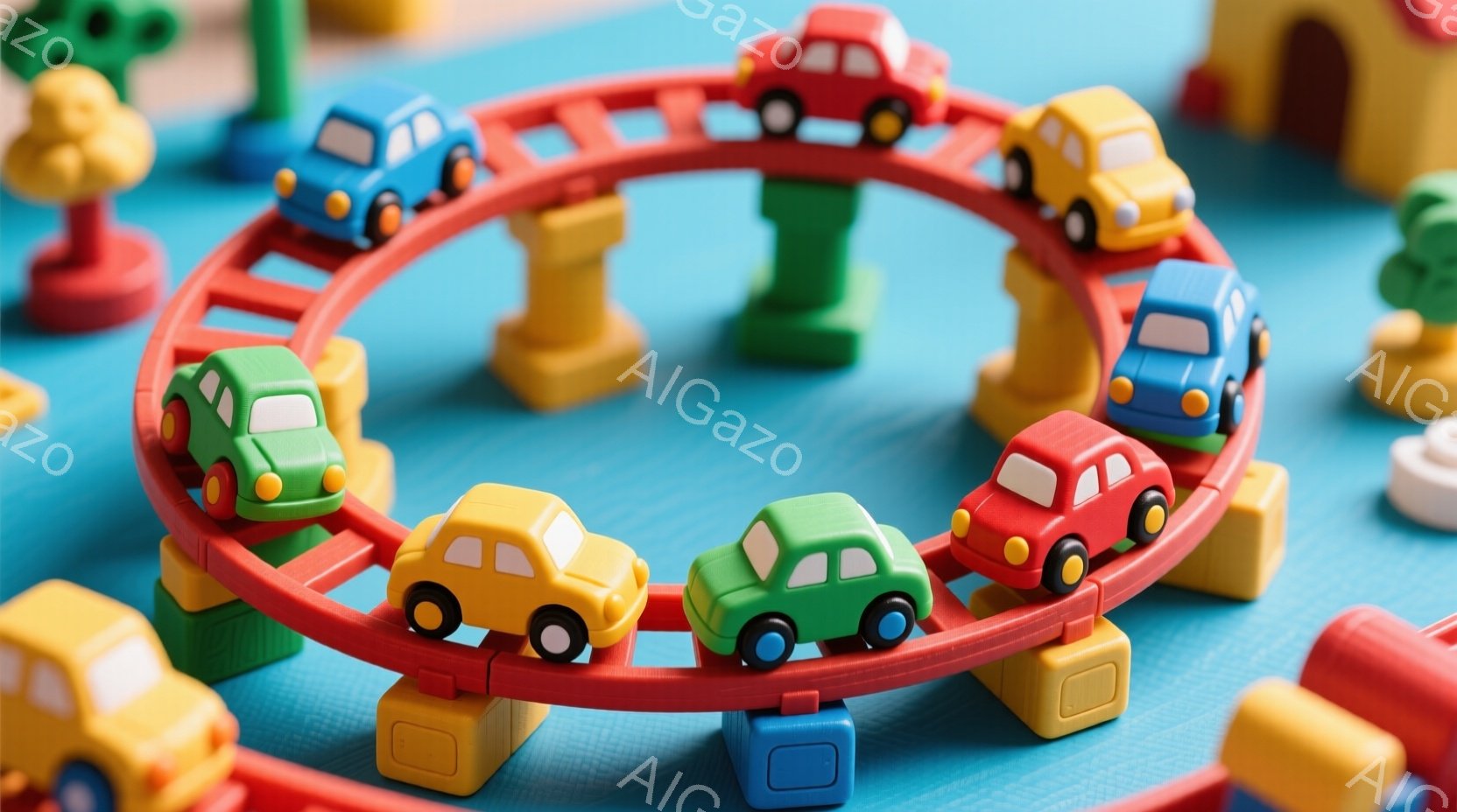 明るい水色の背景に、カラフルなプラスチック製の道路と車のおもちゃが並んでいる。赤い、緑、黄色の車が道路を一周しており、背景にはブロックで作られた建物やその他のカラフルなおもちゃがぼんやりと見える。全体的に、子供らしい遊び心に満ちた、温かく楽しい雰囲気である。