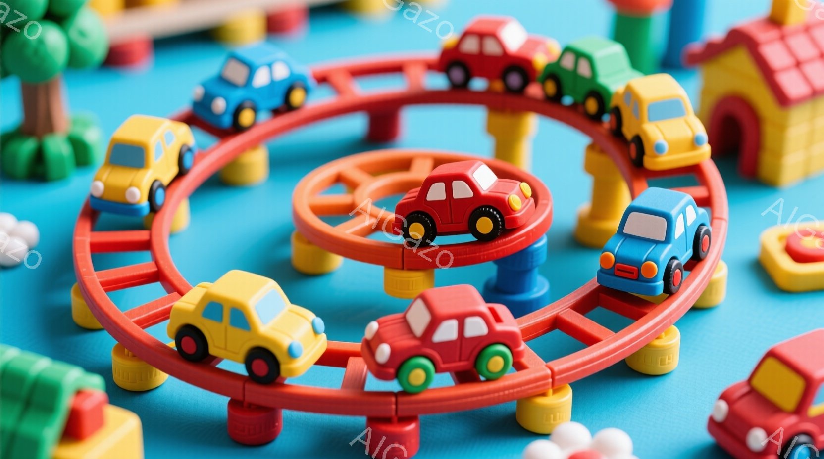 明るい青い背景に、カラフルなプラスチック製のミニカーが赤いレールの上を走っている様子が写っています。ミニカーは黄色、赤、青などの色をしており、レールはねじれた形をしていて、まるで遊園地のコースターのようです。背景には、緑の樹木やカラフルなブロックの建物がぼんやりと見え、楽しい遊びの雰囲気を醸し出しています。