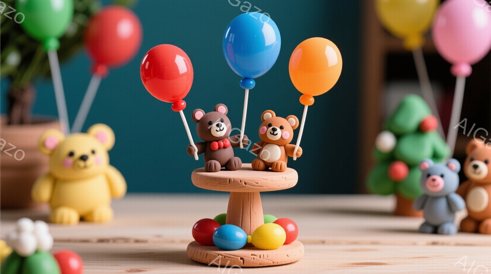 鮮やかな色合いのクマの置物が、木製の台の上に並んでいます。茶色と黄色のクマは風船を持ち、楽しそうな表情をしています。背景には、クリスマスツリーのような形をした飾りや、カラフルな卵のようなものが置かれ、お祝いムードを演出しています。