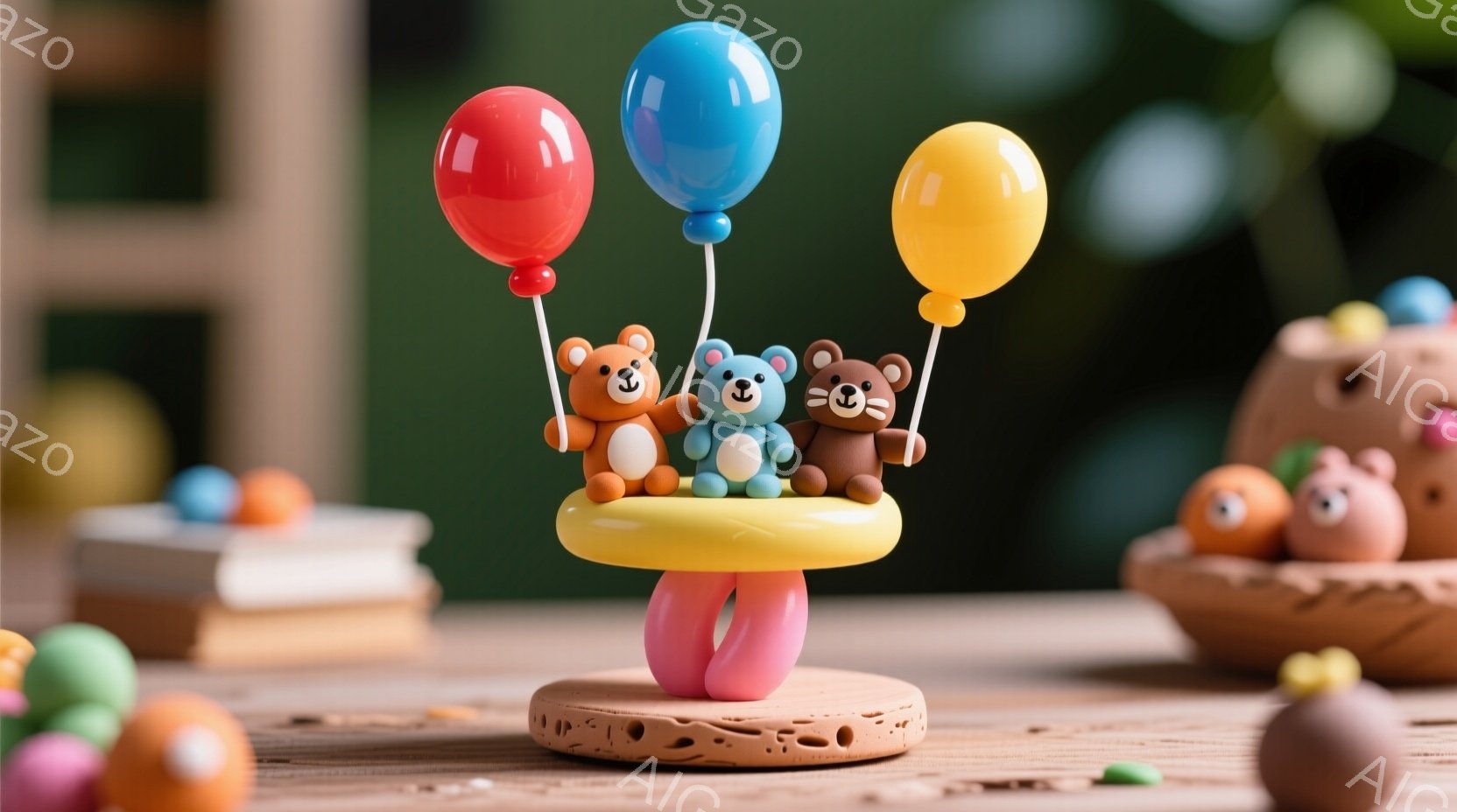 鮮やかな色彩のクマの置物が、黄色い筏の上に並んでいます。それぞれのクマは小さな風船を持っており、赤い、青い、そして茶色の風船が、可愛らしい雰囲気を演出しています。背景には、カラフルなキャンディーや、手作りのようなお菓子が置かれ、楽しいお祝いの雰囲気が漂っています。