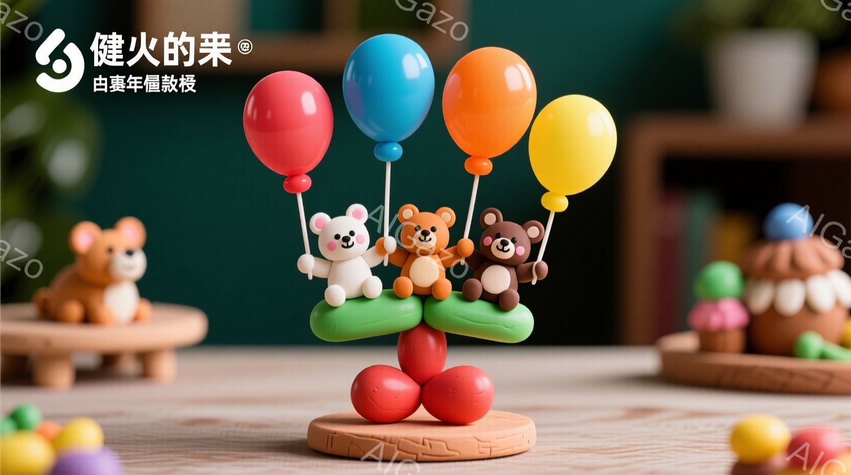 クレイで作られた3匹のクマがバルーンでバランスを取っています。一番手前のクマは赤色、真ん中は茶色、一番奥は白で、それぞれ異なる表情を見せています。背景には様々な色のクレイで作られた小さなケーキやその他の装飾があり、全体的に温かく、遊び心のある雰囲気を醸し出しています。