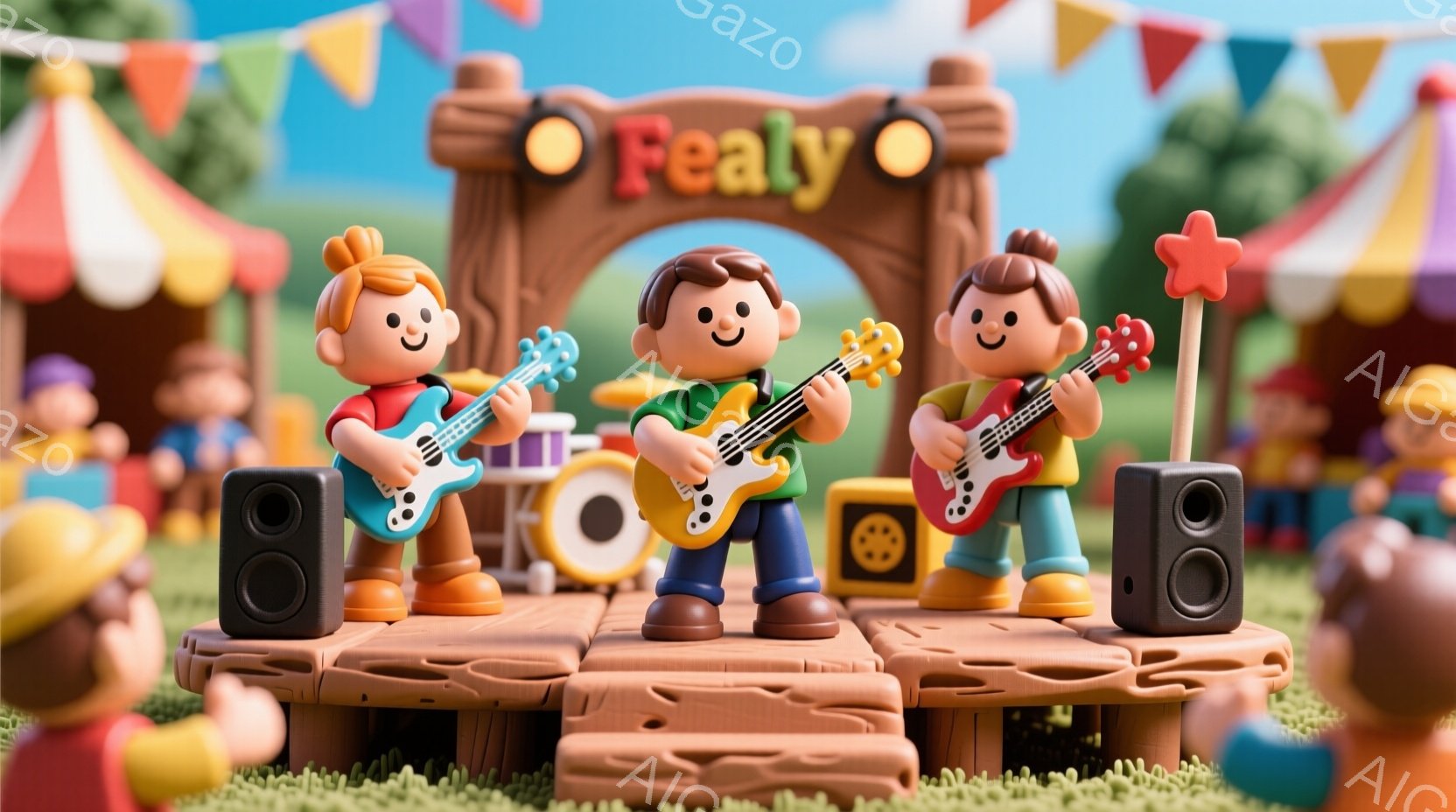 明るい緑の芝生の上に、３人の小さな人物がステージでギターを演奏しています。彼らは皆、茶髪で、笑顔で演奏に集中しており、オレンジ、青、そしてピンクのカラフルな服装をしています。背景には、カラフルな旗、スピーカー、ドラムセットがあり、お祭りやコンサートのような活気のある雰囲気です。
