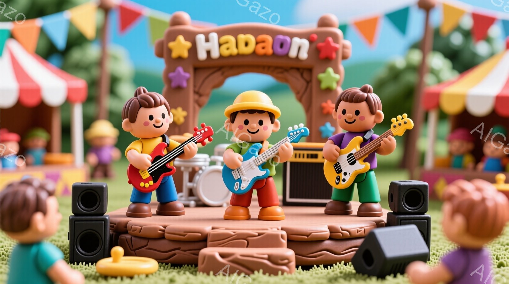 カラフルな遊園地のような背景で、３人の少年がそれぞれギターを演奏しています。彼らは皆、赤いシャツとズボンまたはショーツ、そして野球帽を被っており、笑顔で元気いっぱいの表情をしています。ステージは木目調で、スピーカーやドラムセットが置かれ、背景には観客席のようなオレンジ色の構造物が見えます。