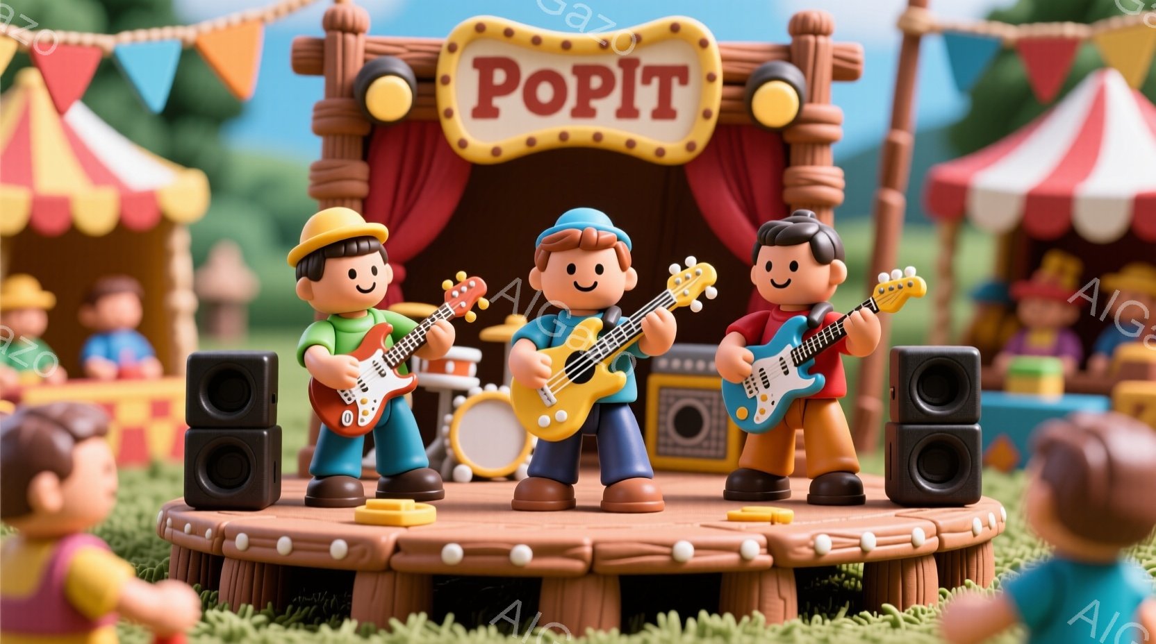 3人の少年がステージ上でギターを演奏しています。彼らは皆、青い帽子をかぶり、オレンジ色のシャツを着て、笑顔で演奏に集中しており、非常に元気な様子です。背景にはカラフルなテントや緑の芝生があり、お祭りや - AI生成フリー素材