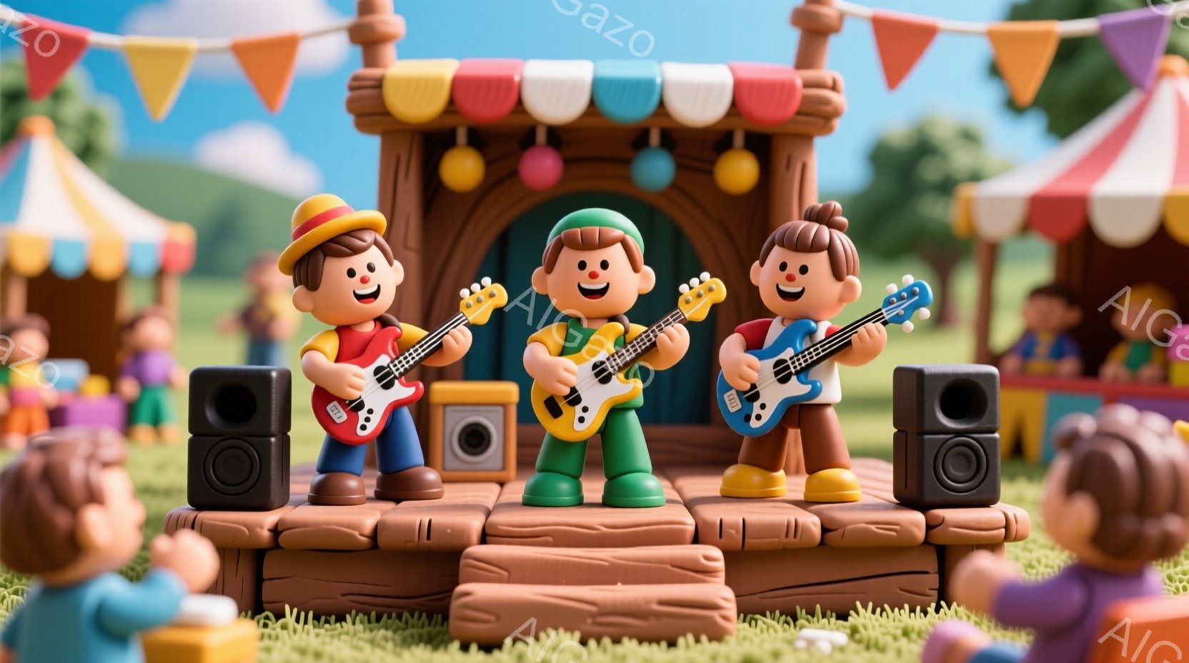 ３人の男の子がステージ上でギターを演奏しています。それぞれ赤い帽子、緑の帽子、そして頭に何も帽子がないという服装で、皆笑顔で楽しそうに演奏しています。ステージの背景には観客がおり、カラフルな旗とスピーカーが配置され、明るい屋外のフェスティバルの雰囲気です。