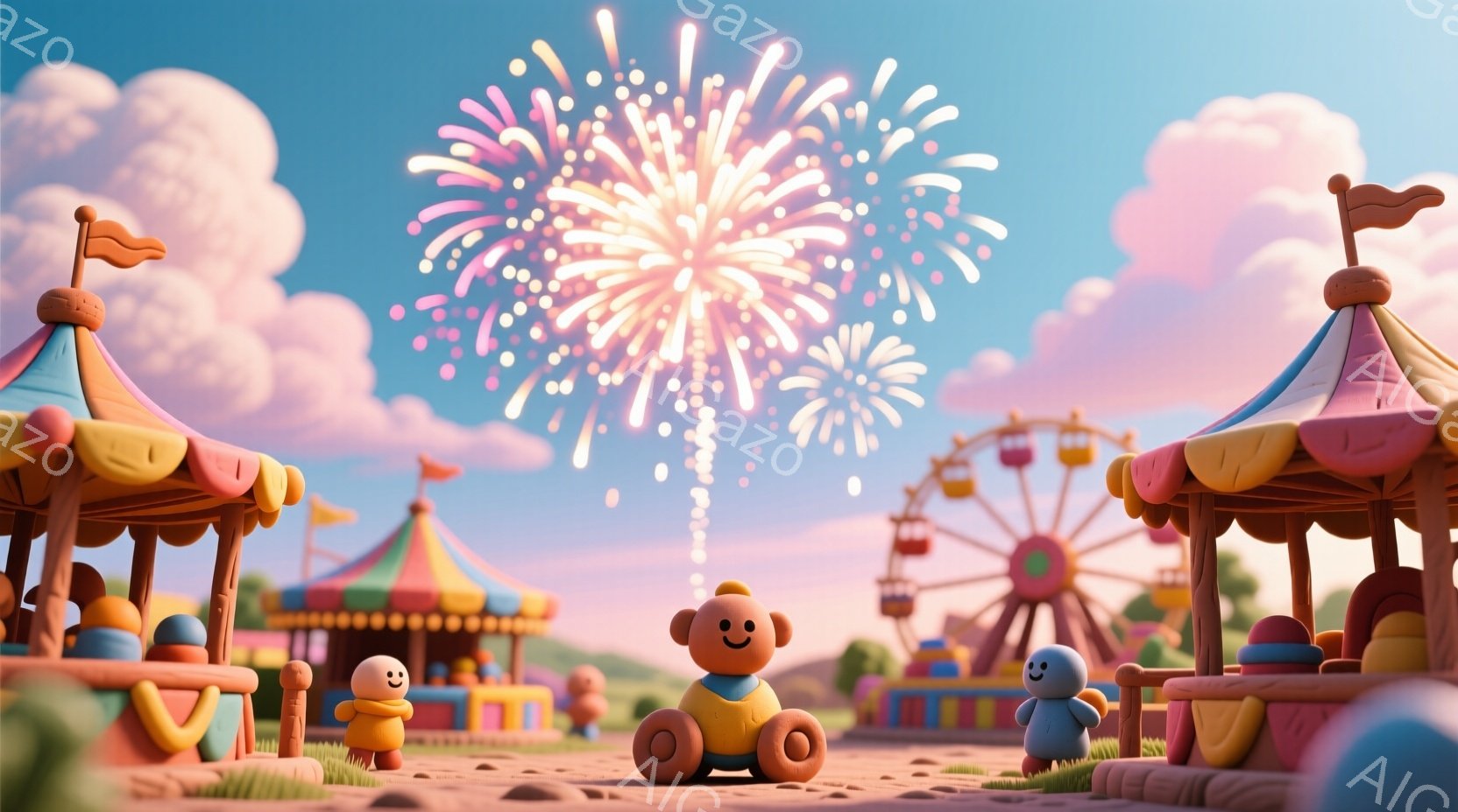 鮮やかな遊園地を背景に、可愛らしいキャラクターたちが楽しんでいる様子が描かれています。オレンジ、青、ピンクのキャラクターは、それぞれシンプルなデザインで、笑顔を浮かべています。背景には、観覧車や屋台が - AI生成フリー素材