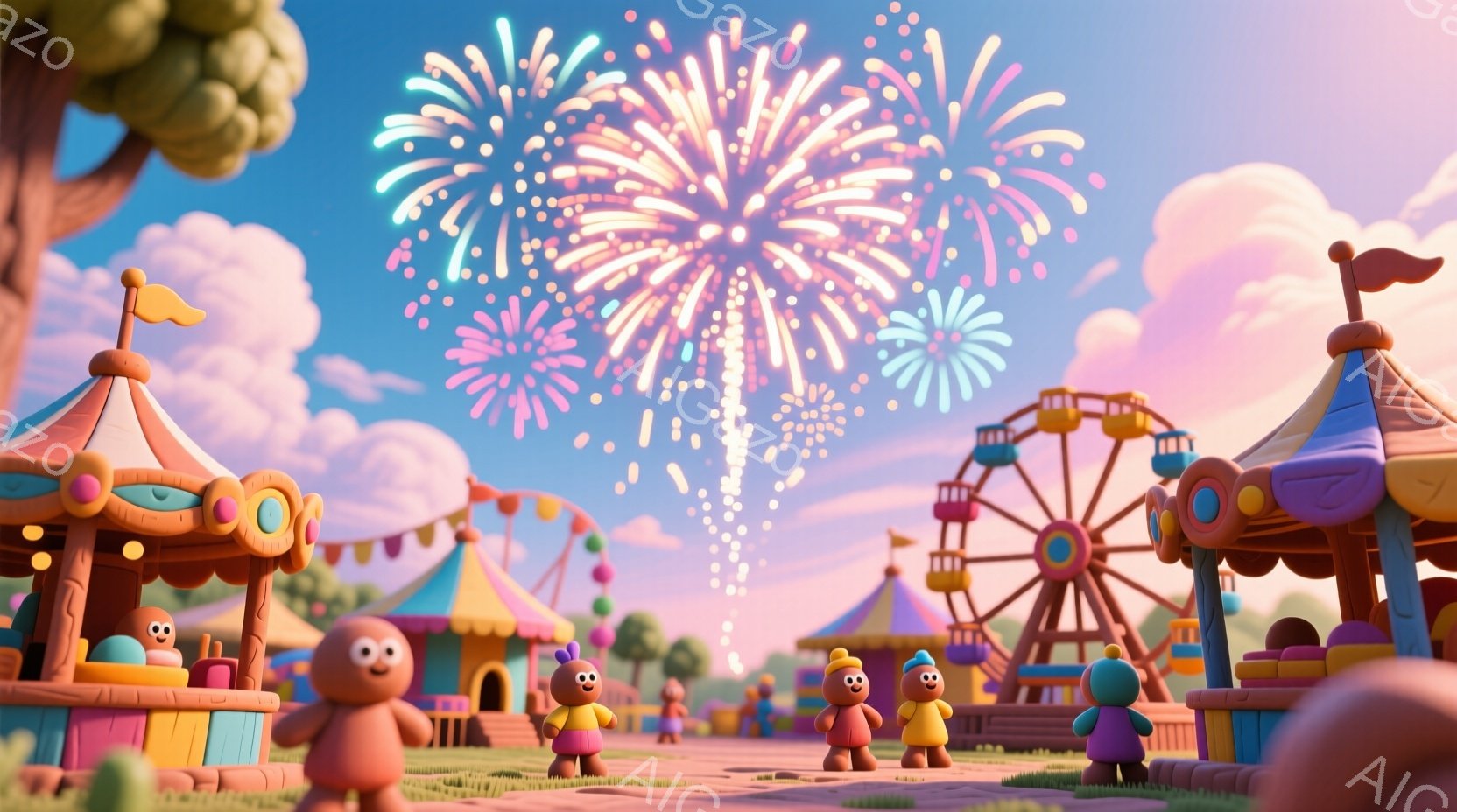 明るいピンクとオレンジ色の背景に、遊園地が広がっています。丸い体に短い足を持つ、愛らしいキャラクターたちが楽しそうに立っており、それぞれ異なる色の帽子をかぶっています。背景には観覧車や屋台が並び、空に - AI生成フリー素材