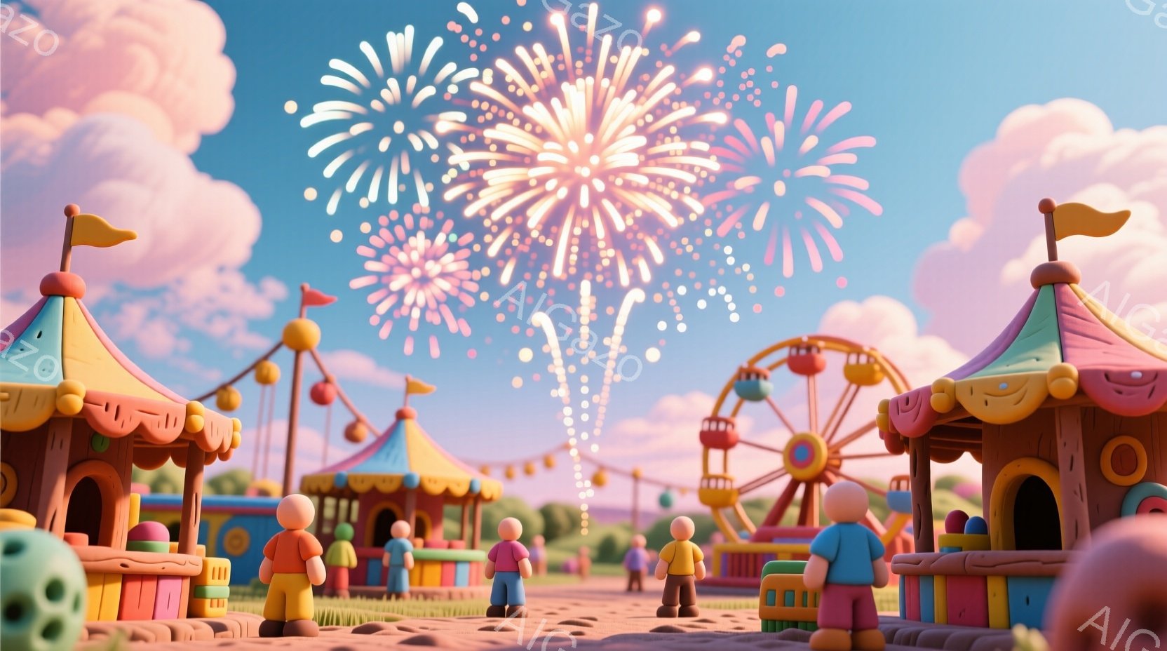 カラフルな遊園地が広がり、人々はシンプルなオレンジ色の服を着ています。彼らは楽しそうに遊園地内を歩き回り、フェリスホイールやゲームブースが背景に並び、上空には花火が咲き誇っています。全体的に明るく、お - AI生成フリー素材